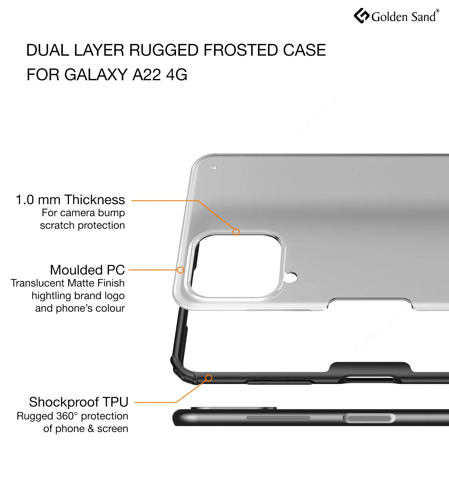 Rugged Frosted Semi Transparent PC Shock Proof Slim Back Cover for Samsung Galaxy A22, 6.4 inch, Black