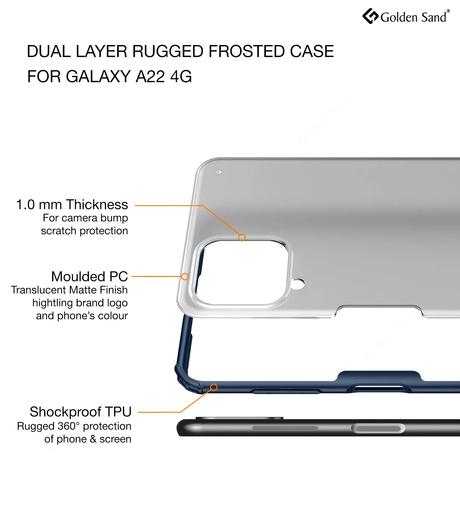 Rugged Frosted Semi Transparent PC Shock Proof Slim Back Cover for Samsung Galaxy A22, 6.4 inch, Blue