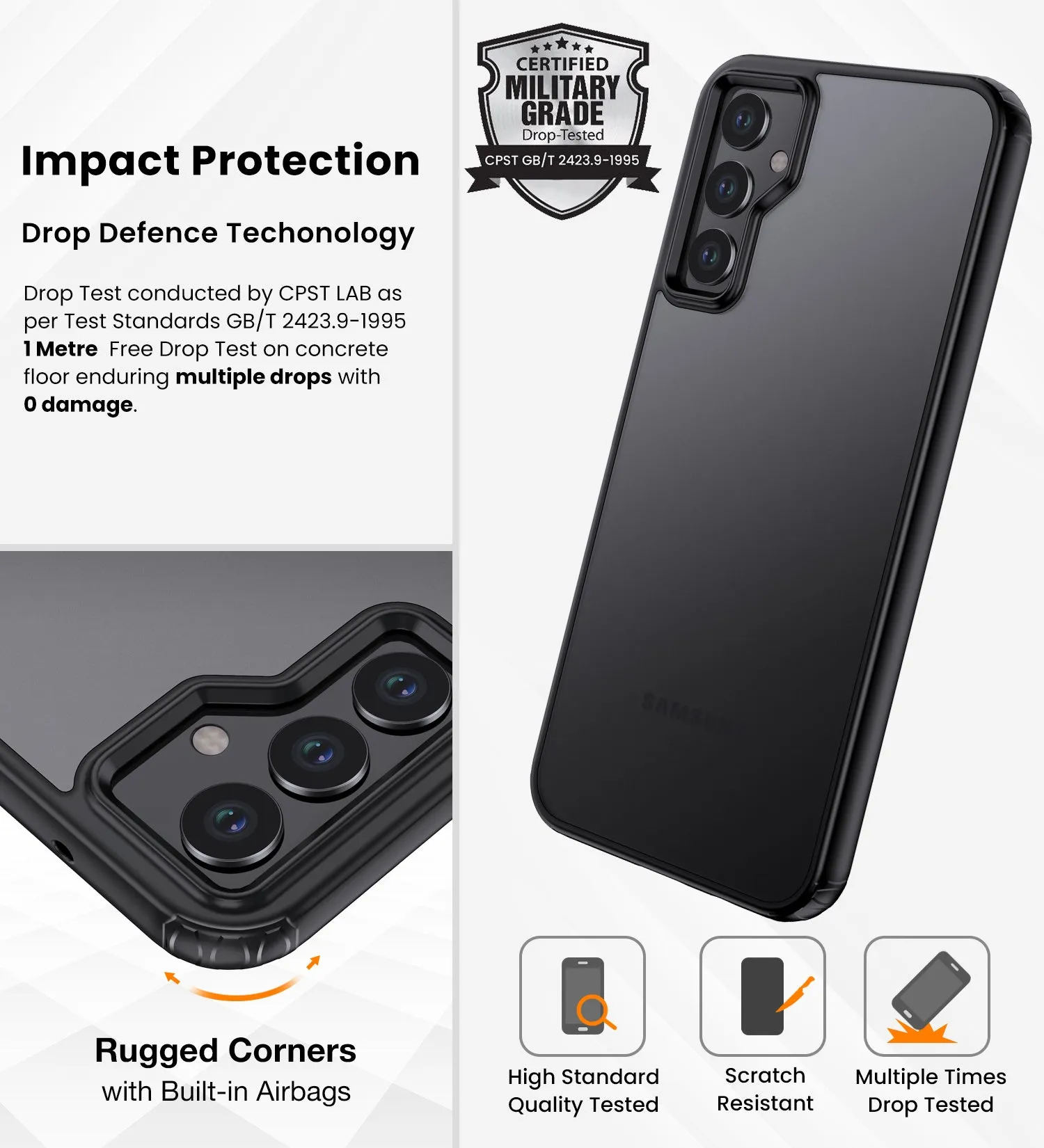 Rugged Frosted Semi Transparent PC Shock Proof Slim Back Cover for Samsung Galaxy A34 5G, 6.6 inch, Black