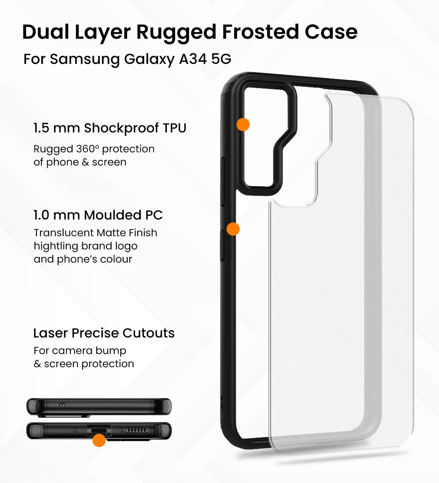 Rugged Frosted Semi Transparent PC Shock Proof Slim Back Cover for Samsung Galaxy A34 5G, 6.6 inch, Black