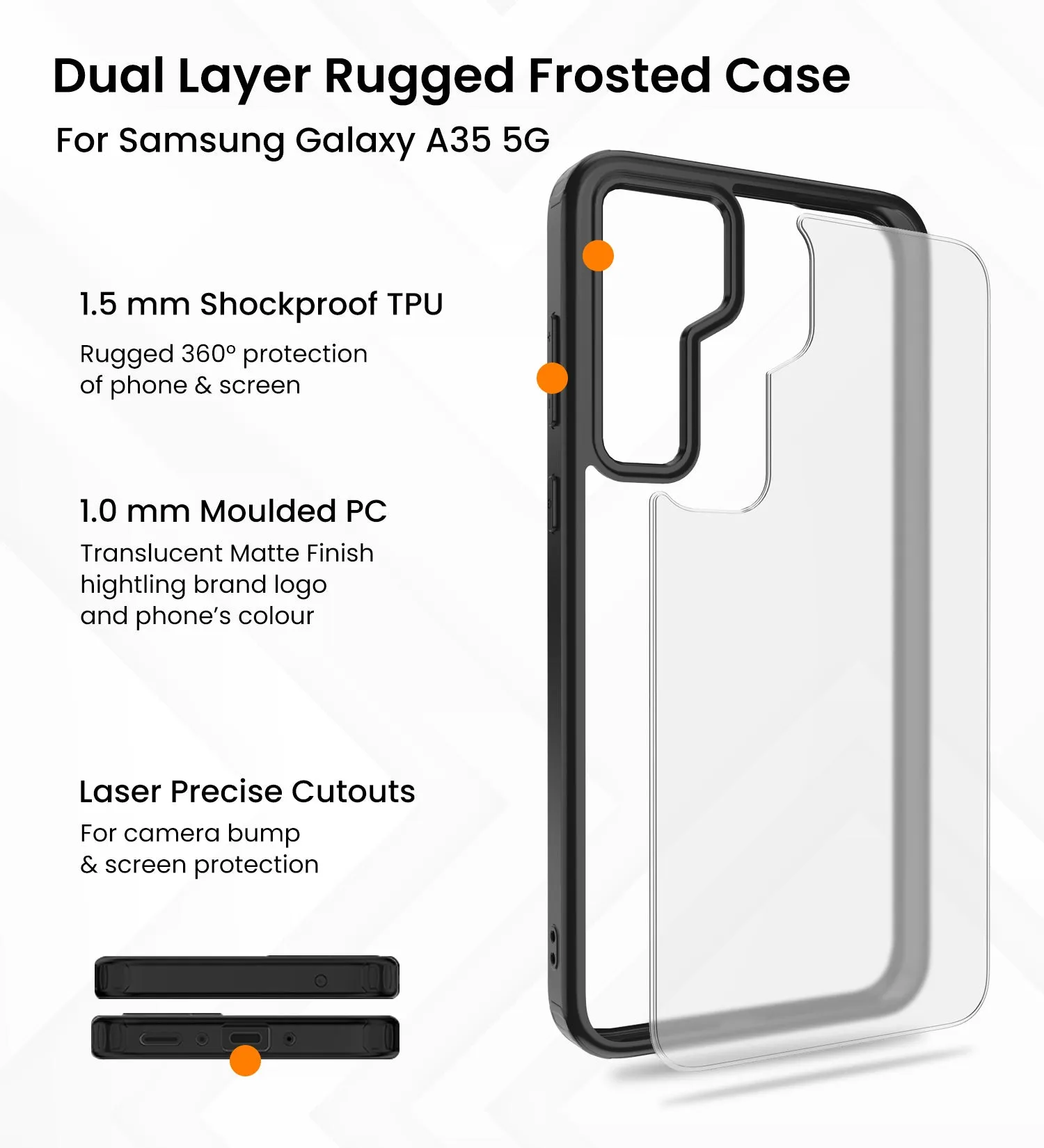 Rugged Frosted Semi Transparent PC Shock Proof Slim Back Cover for Samsung Galaxy A35 5G, 6.6 inch, Black