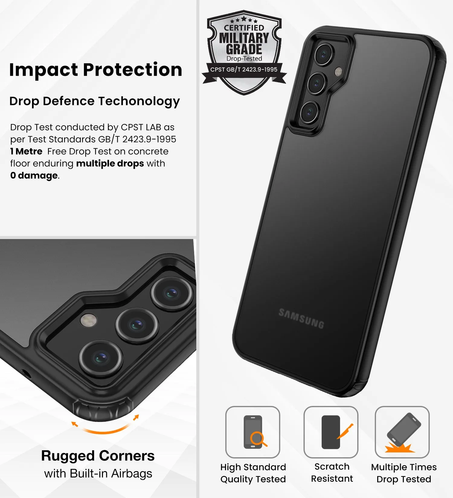 Rugged Frosted Semi Transparent PC Shock Proof Slim Back Cover for Samsung Galaxy A54 5G, 6.4 inch, Black