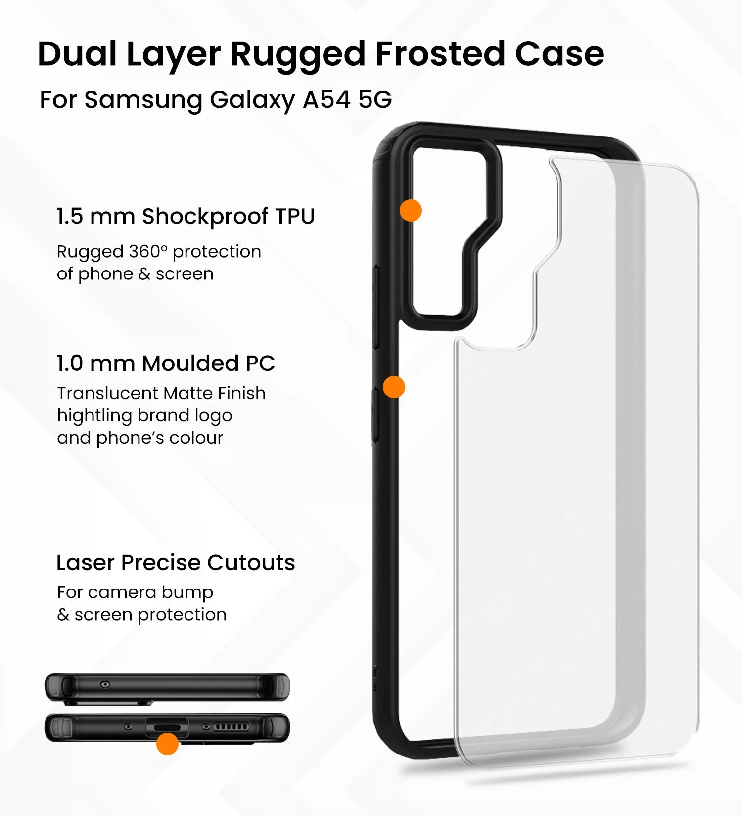 Rugged Frosted Semi Transparent PC Shock Proof Slim Back Cover for Samsung Galaxy A54 5G, 6.4 inch, Black