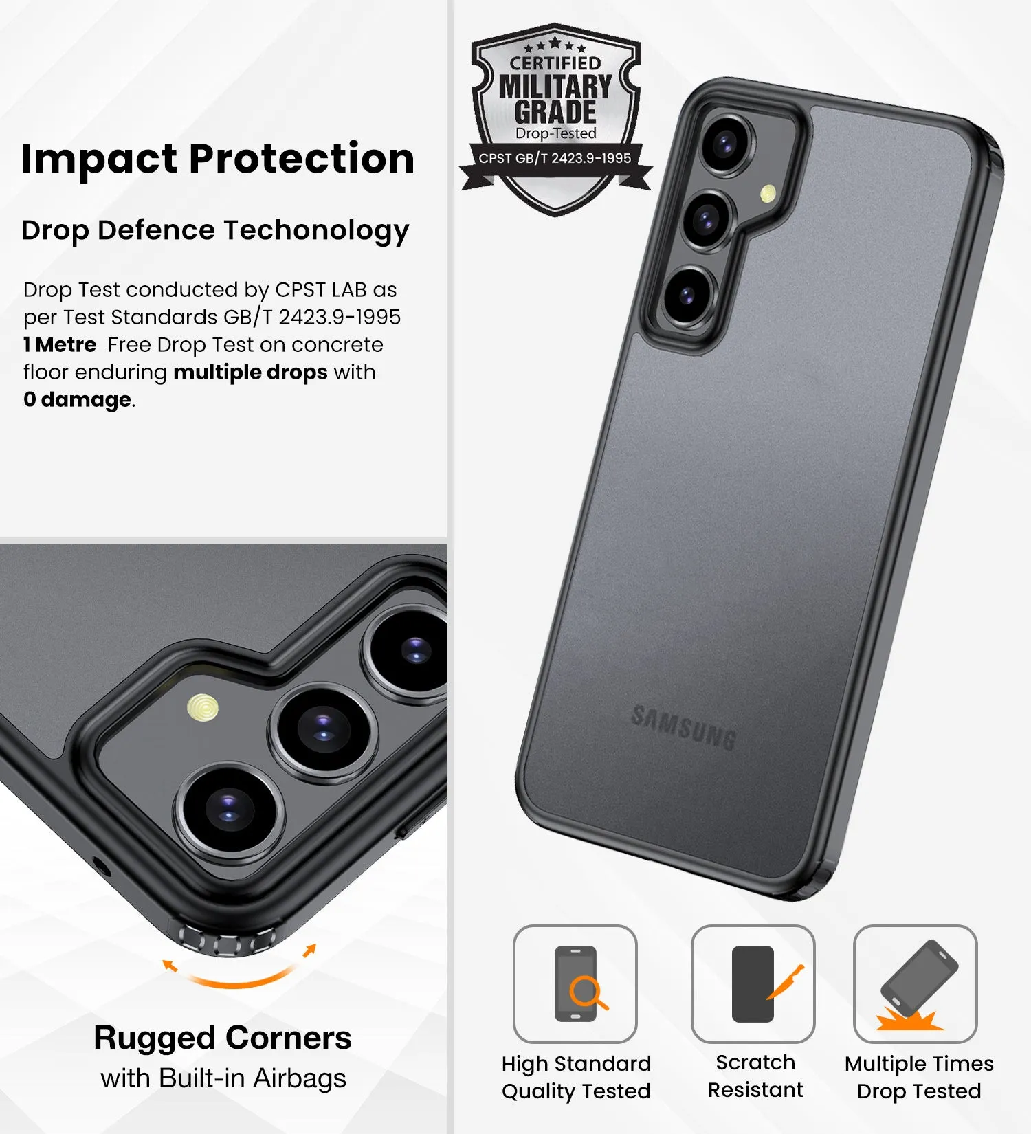 Rugged Frosted Semi Transparent PC Shock Proof Slim Back Cover for Samsung Galaxy A55 5G, 6.6 inch, Black