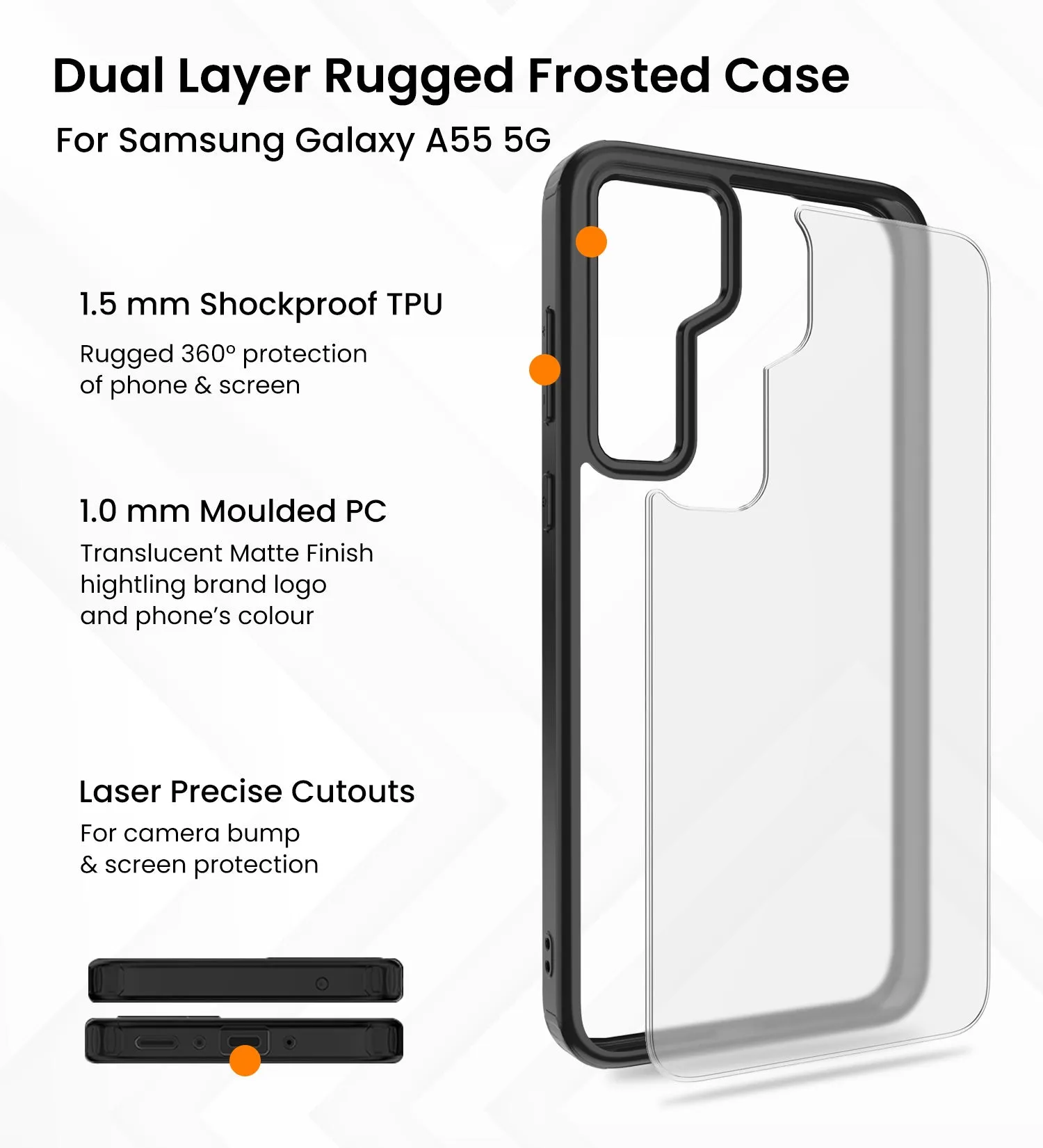 Rugged Frosted Semi Transparent PC Shock Proof Slim Back Cover for Samsung Galaxy A55 5G, 6.6 inch, Black