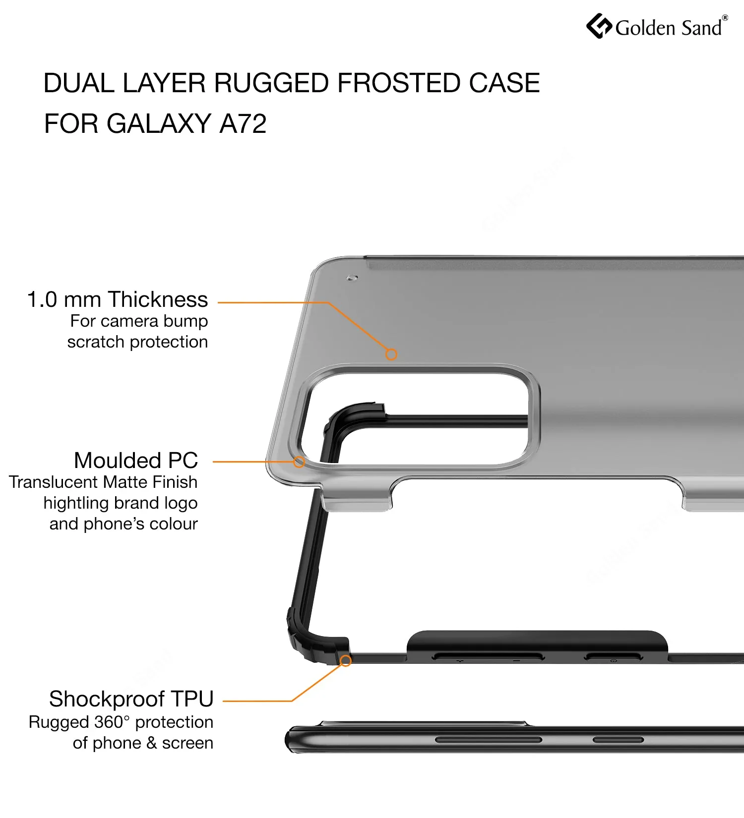 Rugged Frosted Semi Transparent PC Shock Proof Slim Back Cover for Samsung Galaxy A72, 6.7 inch, Black