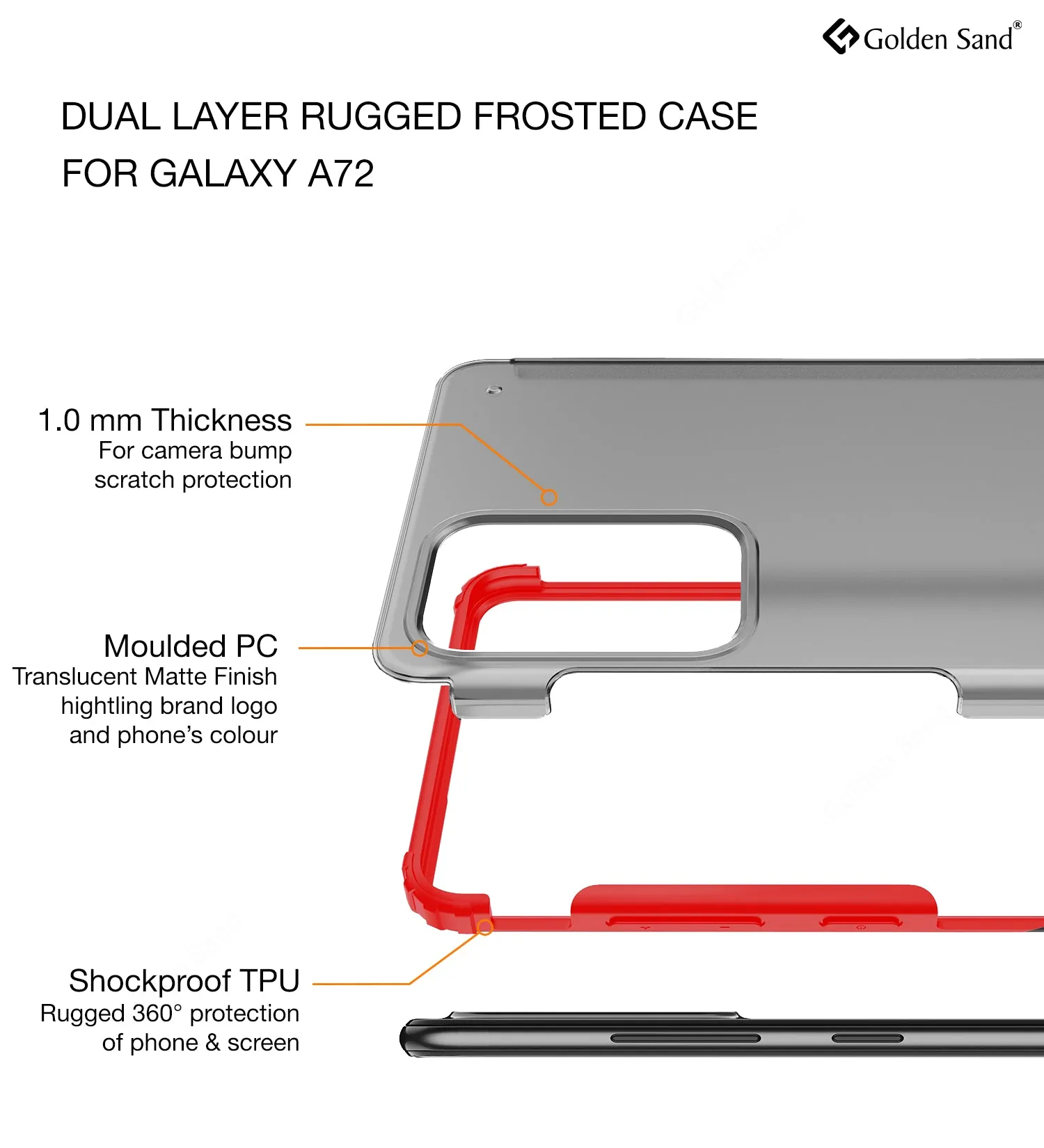 Rugged Frosted Semi Transparent PC Shock Proof Slim Back Cover for Samsung Galaxy A72, 6.7 inch, Red