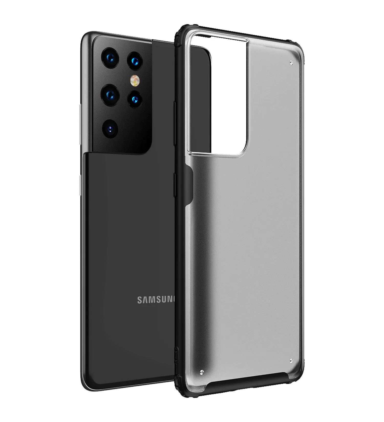 Rugged Frosted Semi Transparent PC Shock Proof Slim Back Cover for Samsung Galaxy S21 Ultra, 6.8 inch, Black