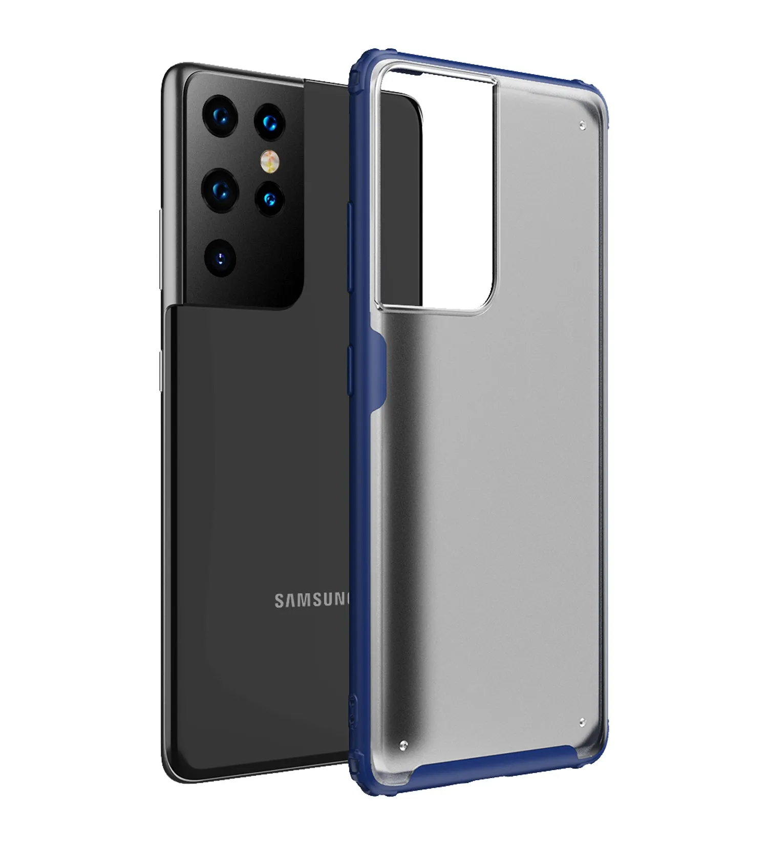 Rugged Frosted Semi Transparent PC Shock Proof Slim Back Cover for Samsung Galaxy S21 Ultra, 6.8 inch, Blue