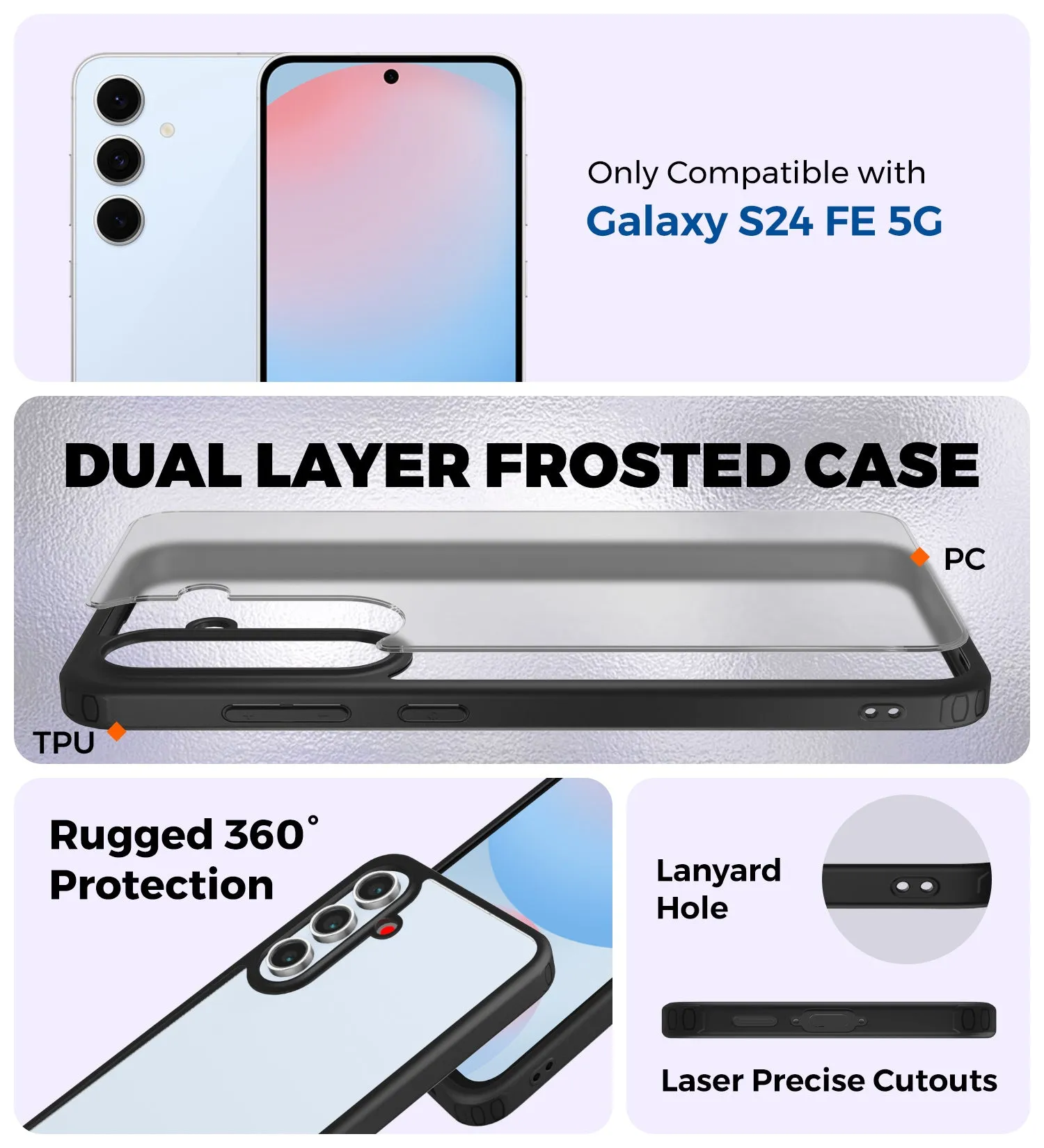 Rugged Frosted Semi Transparent PC Shock Proof Slim Back Cover for Samsung Galaxy S24 FE 5G, 6.7 inch, Black