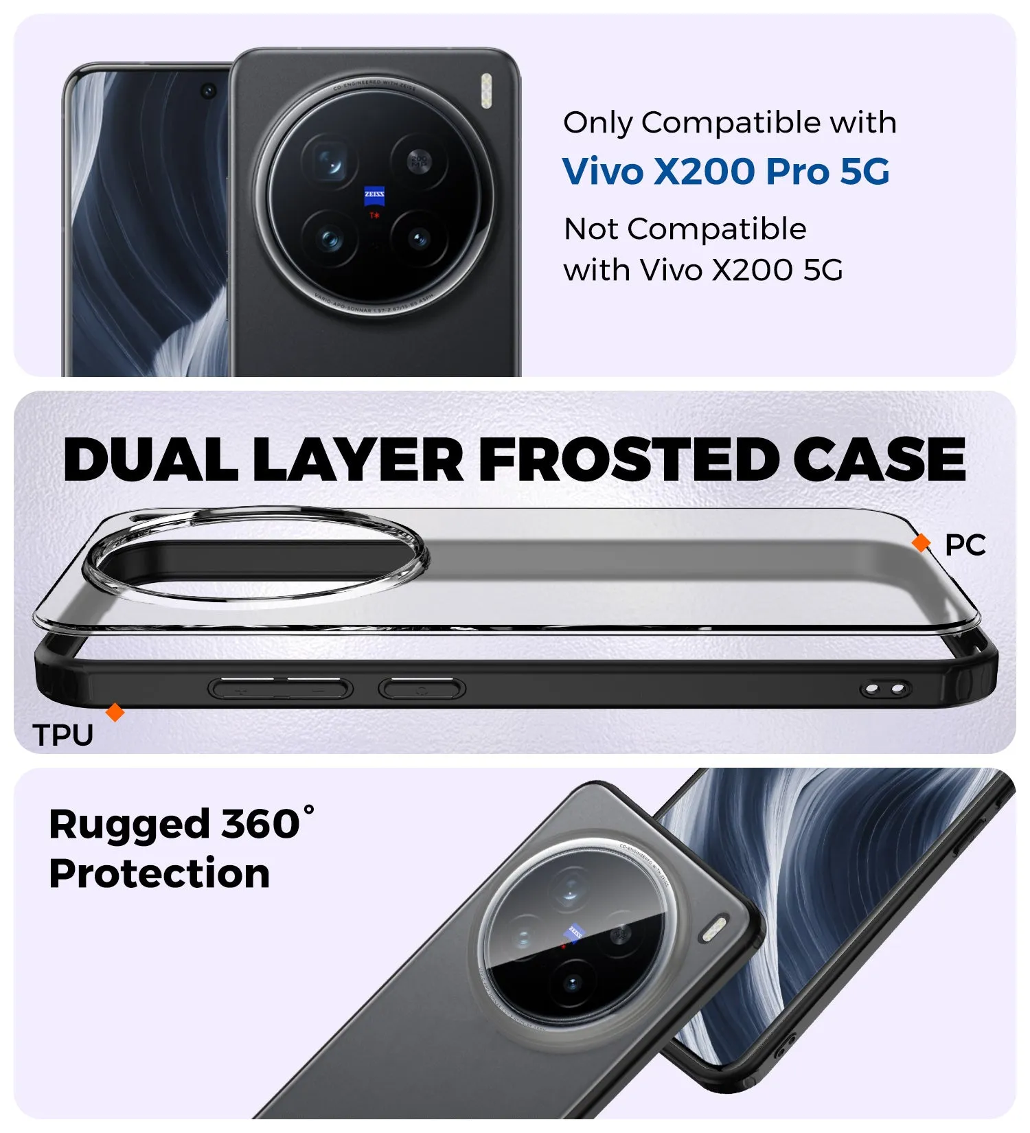 Rugged Frosted Semi Transparent PC Shock Proof Slim Back Cover for Vivo X200 Pro 5G, 6.78 inch, Black