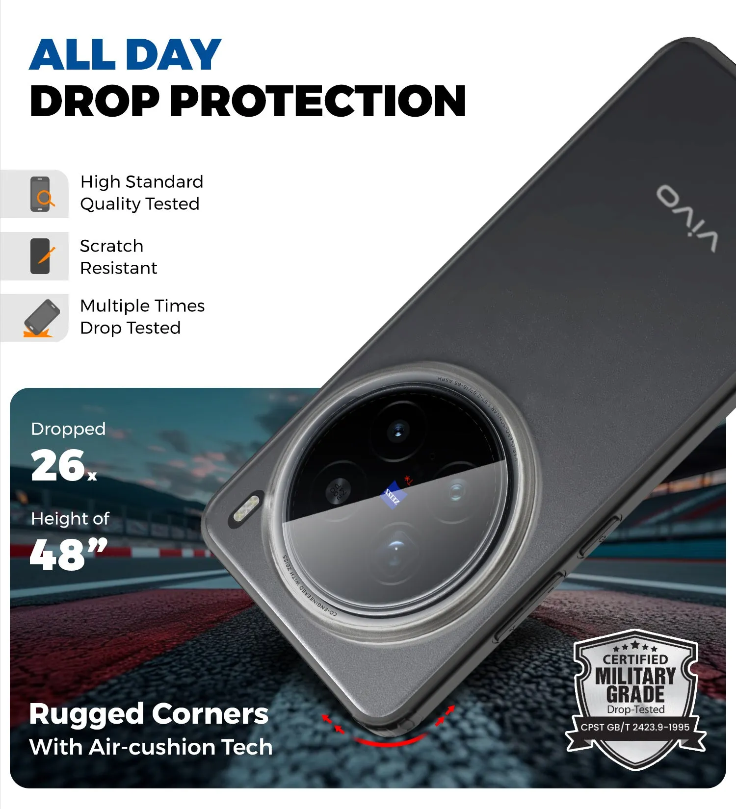Rugged Frosted Semi Transparent PC Shock Proof Slim Back Cover for Vivo X200 Pro 5G, 6.78 inch, Black