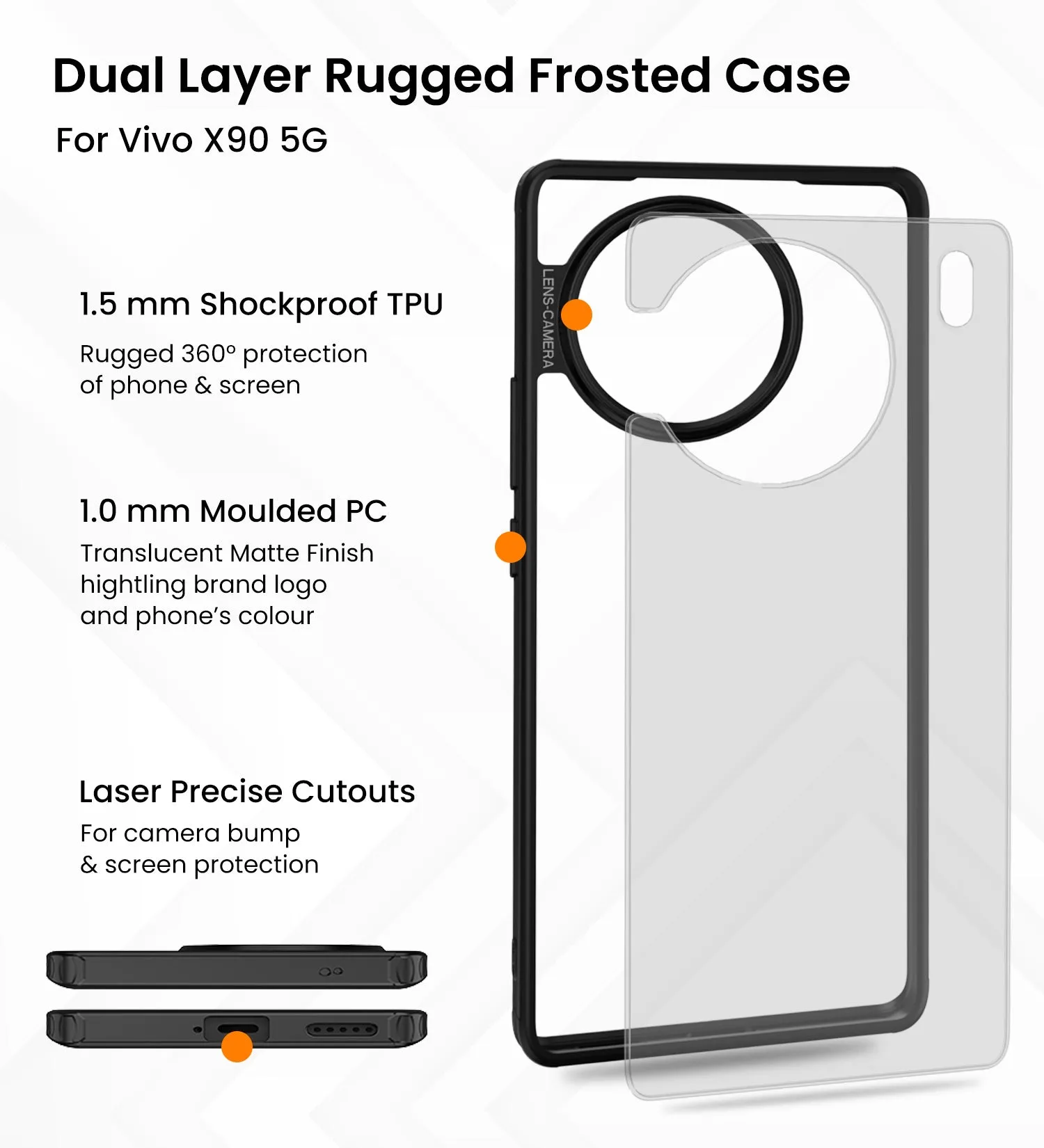 Rugged Frosted Semi Transparent PC Shock Proof Slim Back Cover for Vivo X90 5G, 6.78 inch, Black