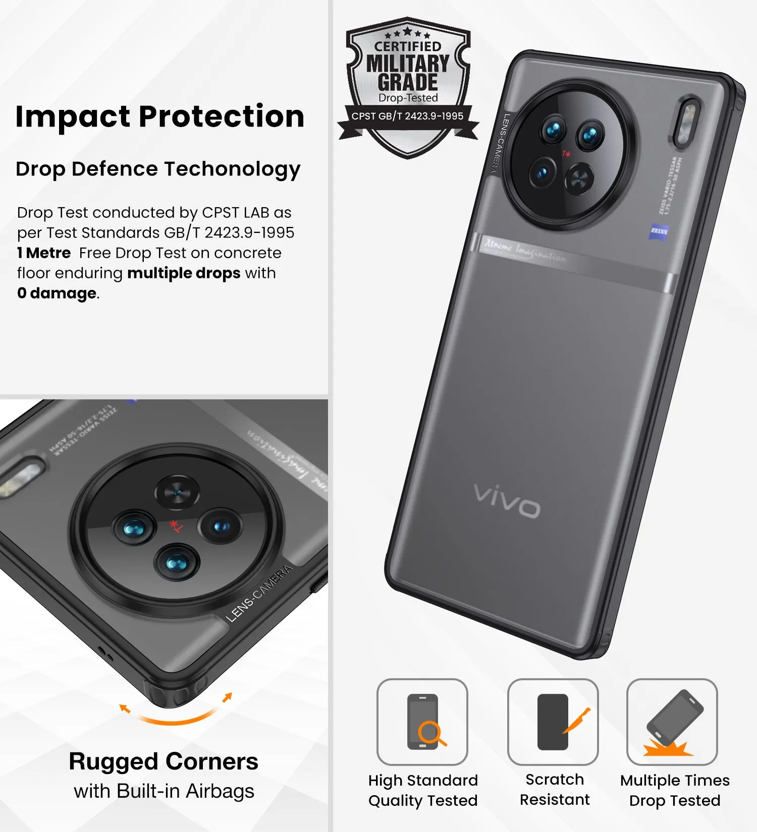 Rugged Frosted Semi Transparent PC Shock Proof Slim Back Cover for Vivo X90 5G, 6.78 inch, Black