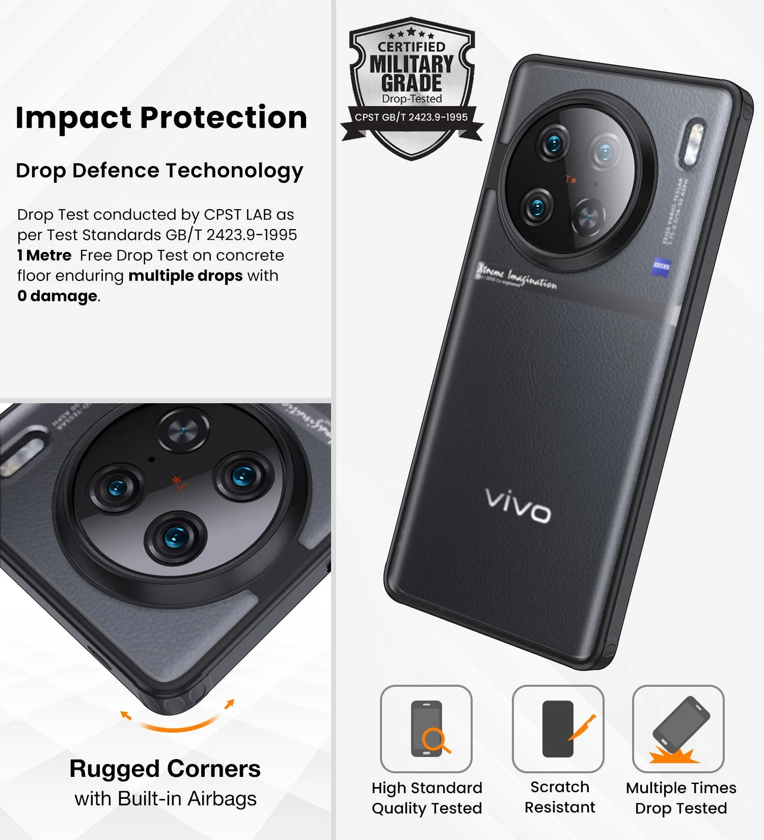 Rugged Frosted Semi Transparent PC Shock Proof Slim Back Cover for Vivo X90 Pro 5G, 6.78 inch, Black