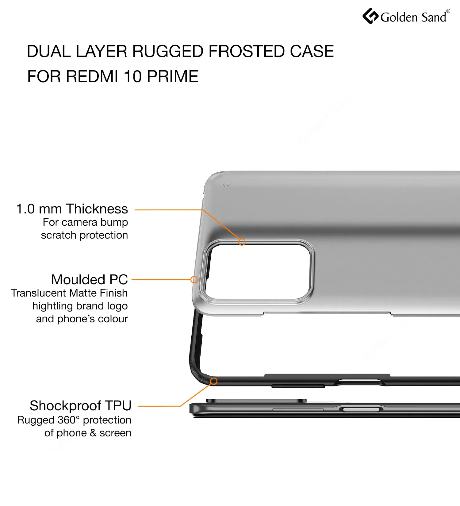 Rugged Frosted Semi Transparent PC Shock Proof Slim Back Cover for Xiaomi Redmi 10 Prime, 6.5 inch, Black