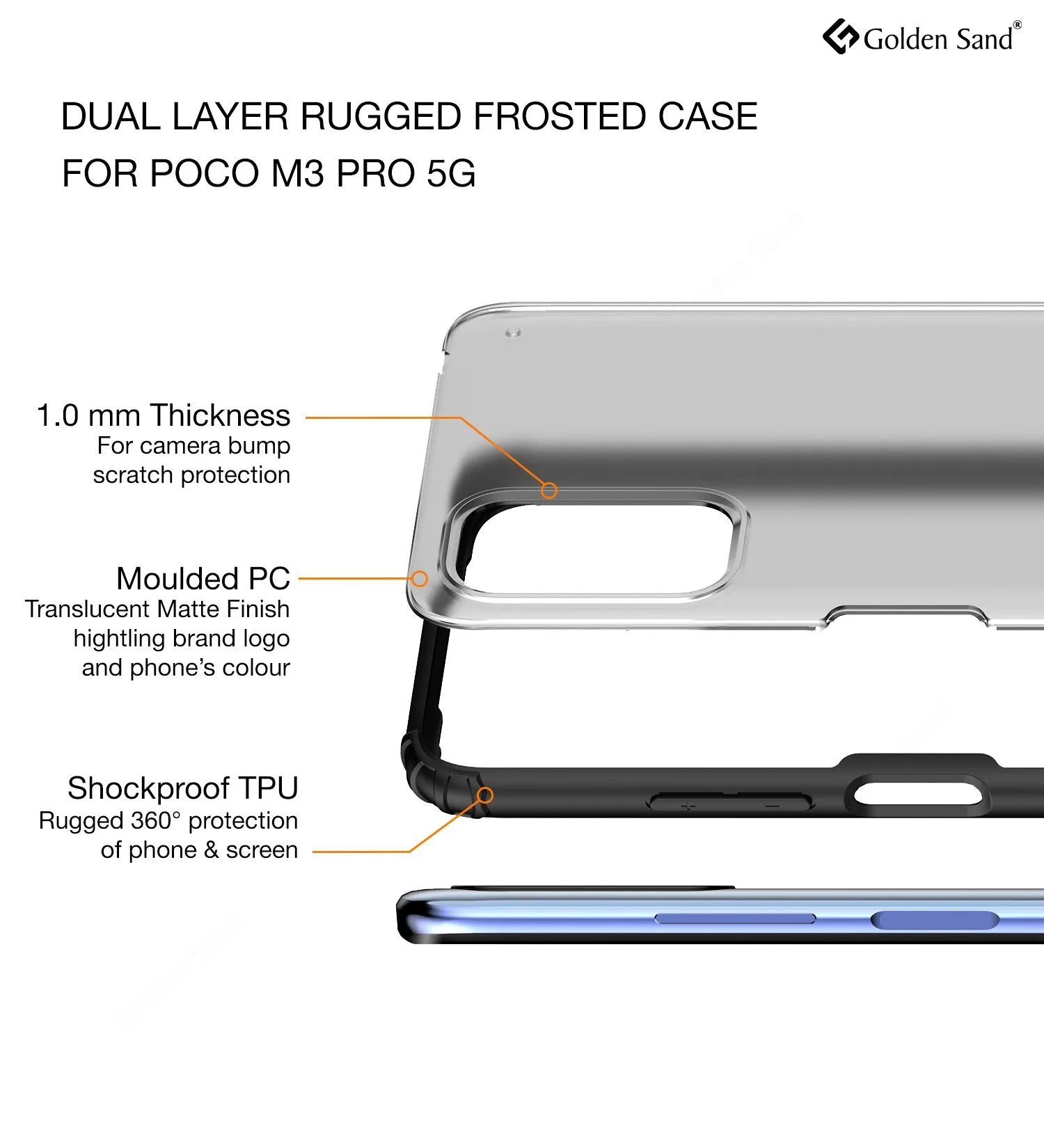 Rugged Frosted Semi Transparent PC Shock Proof Slim Back Cover for Xiaomi Redmi Note 10T 5G, Poco M3 Pro 5G, 6.5 inch, Black