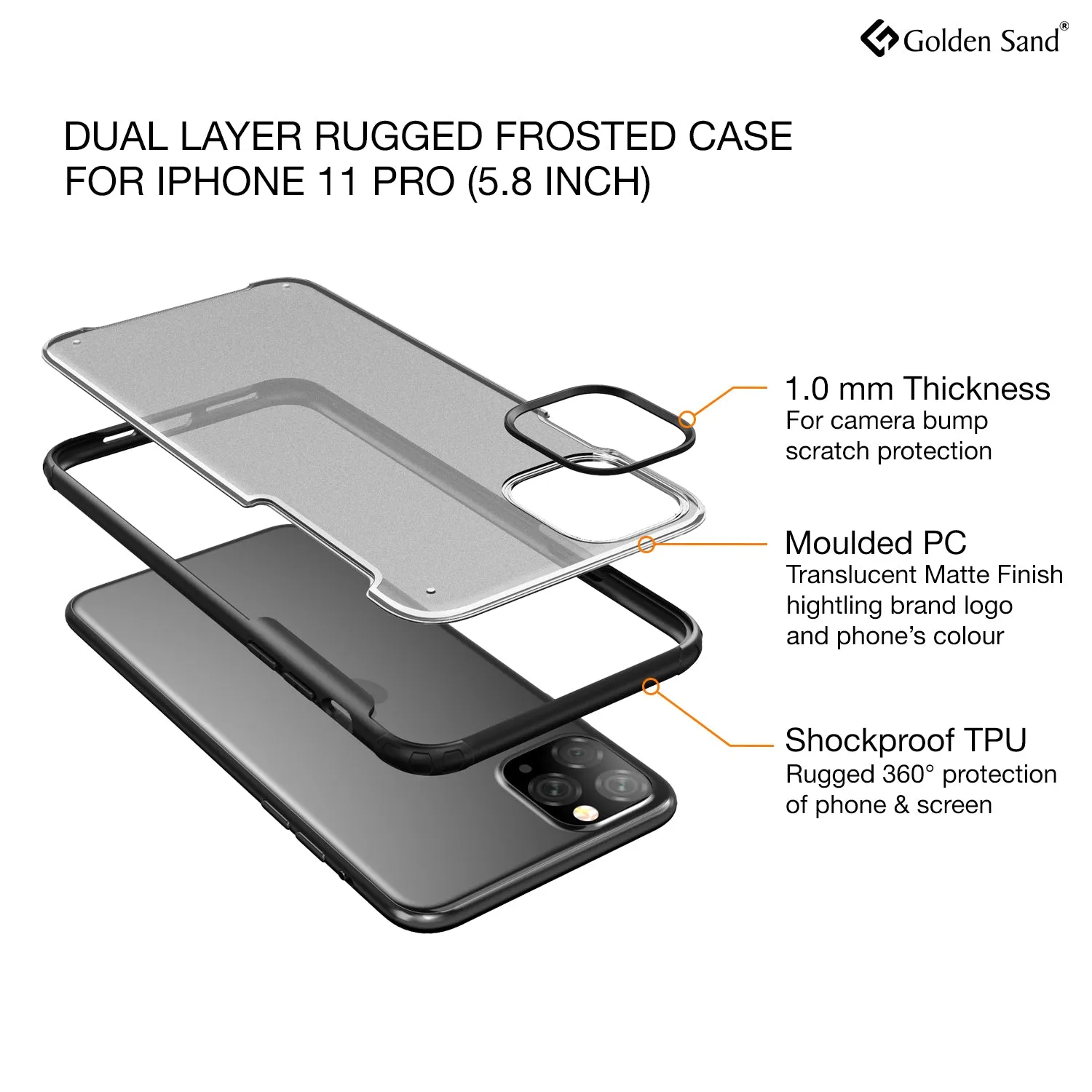 Rugged Frosted Series Hybrid Translucent Back Cover for Apple iPhone 11 Pro 5.8 inch, Black