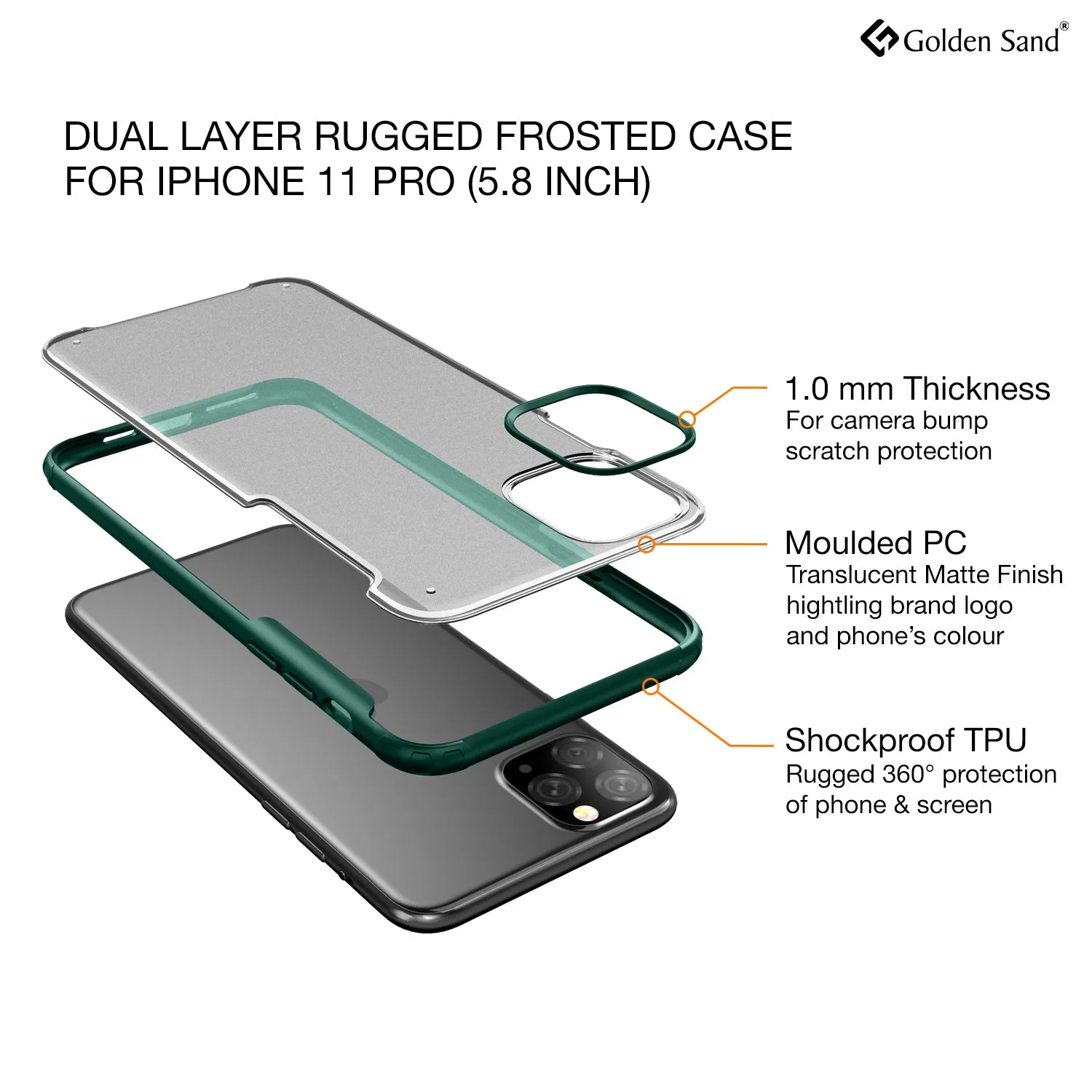 Rugged Frosted Series Hybrid Translucent Back Cover for Apple iPhone 11 Pro 5.8 inch, Green