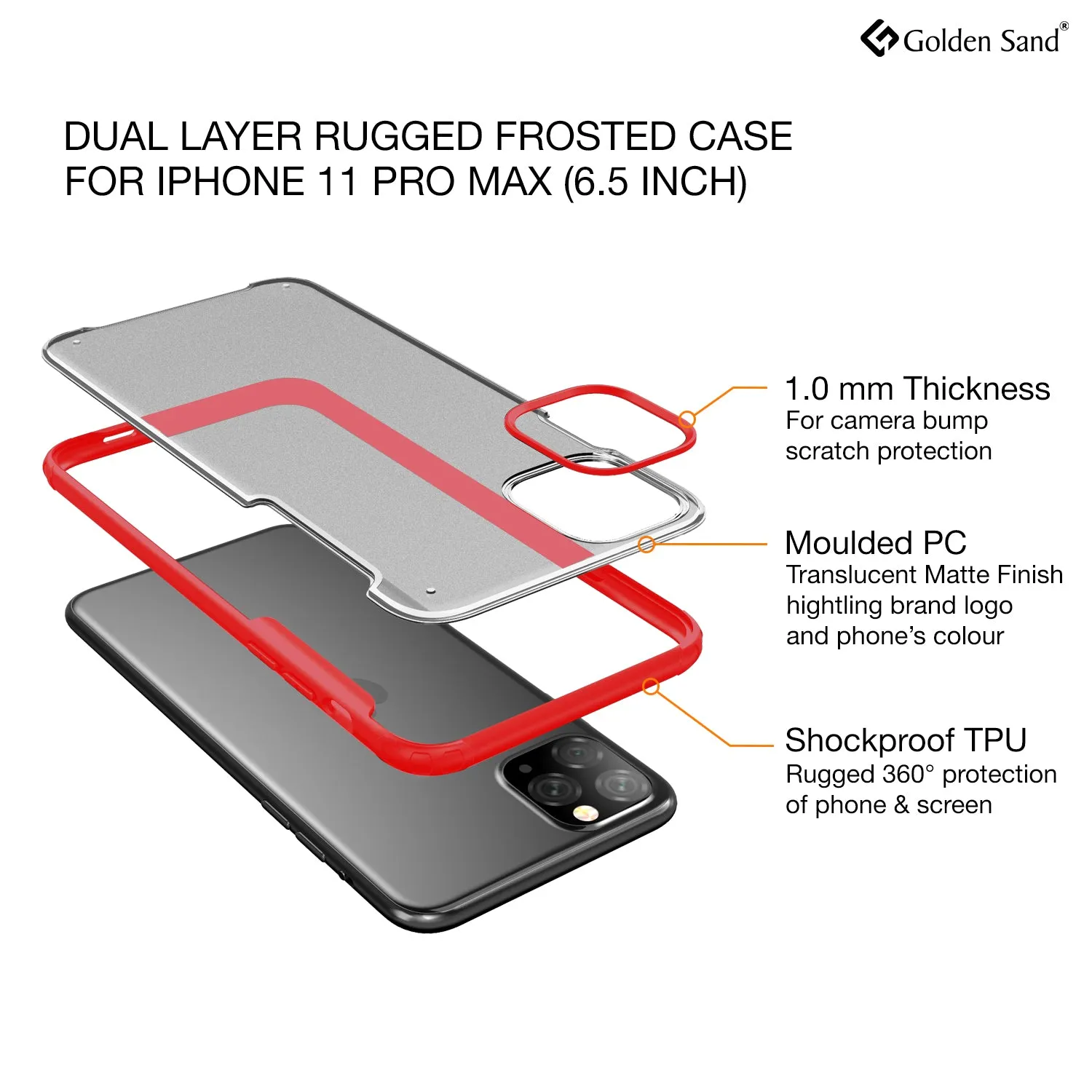 Rugged Frosted Series Hybrid Translucent Back Cover for Apple iPhone 11 Pro Max 6.5 inch, Red