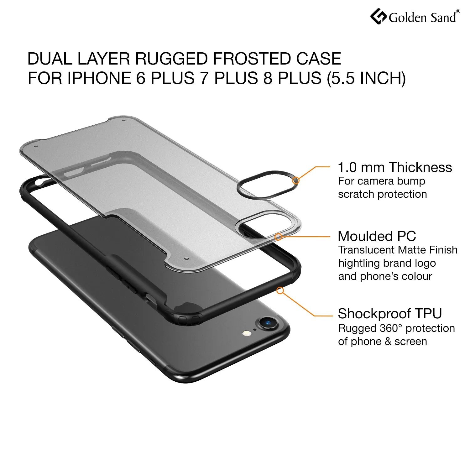Rugged Frosted Series Hybrid Translucent Back Cover for Apple iPhone 6 Plus, 7 Plus, 8 Plus 5.5 inch, Black
