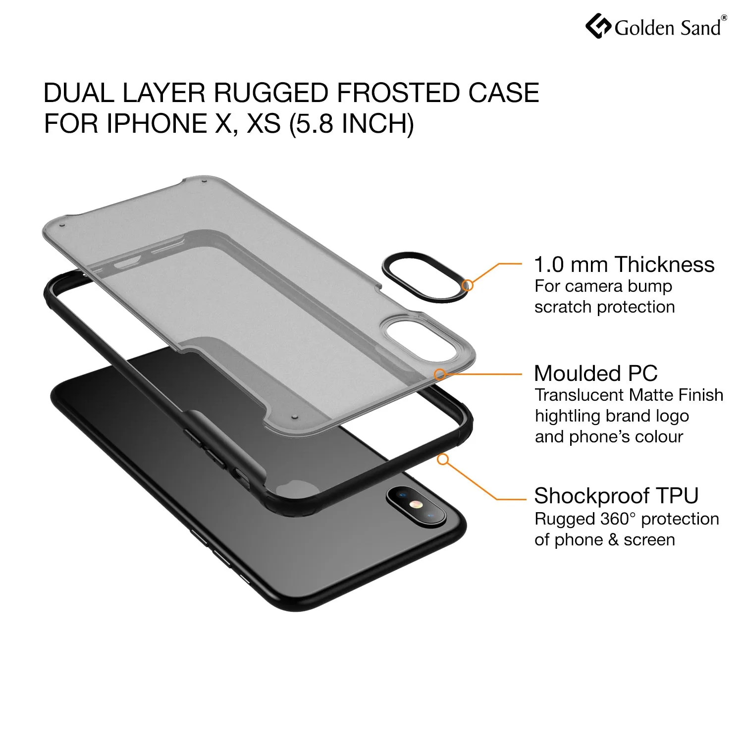 Rugged Frosted Series Hybrid Translucent Back Cover for Apple iPhone X, XS 5.8 inch, Black