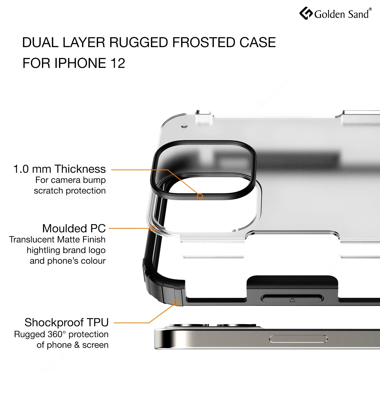 Rugged Frosted Series Semi Transparent PC Shock Proof Slim Back Cover for Apple iPhone 12, Black