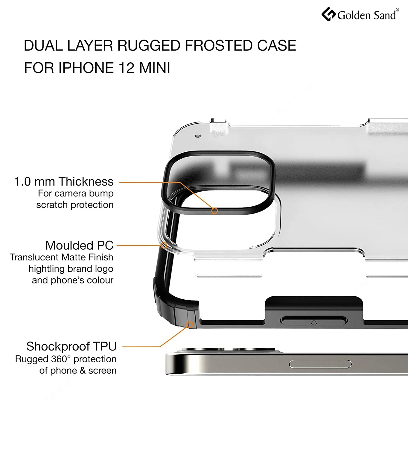 Rugged Frosted Series Semi Transparent PC Shock Proof Slim Back Cover for Apple iPhone 12 Mini, Black