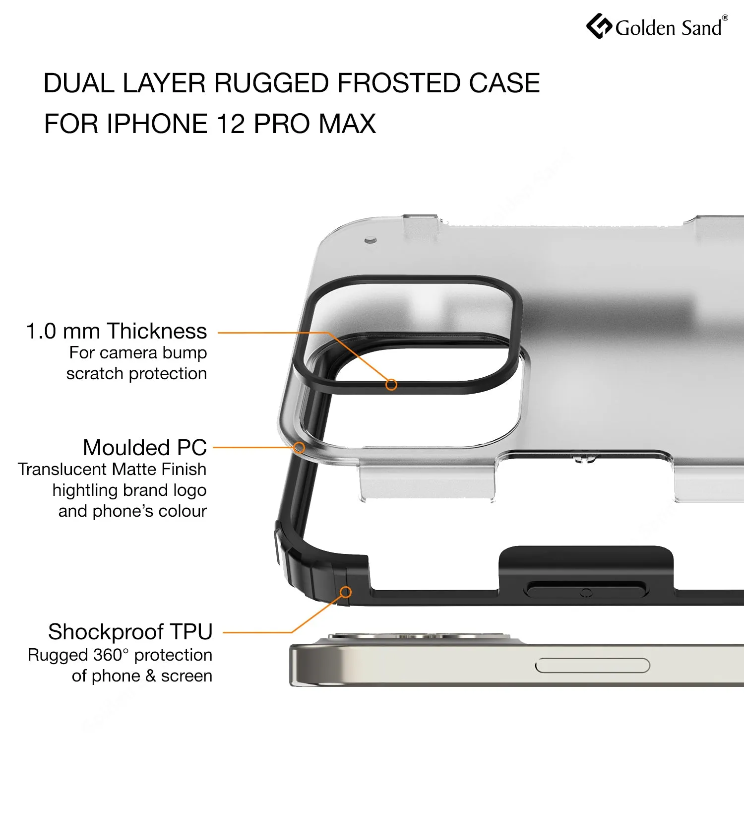 Rugged Frosted Series Semi Transparent PC Shock Proof Slim Back Cover for Apple iPhone 12 Pro Max, Black