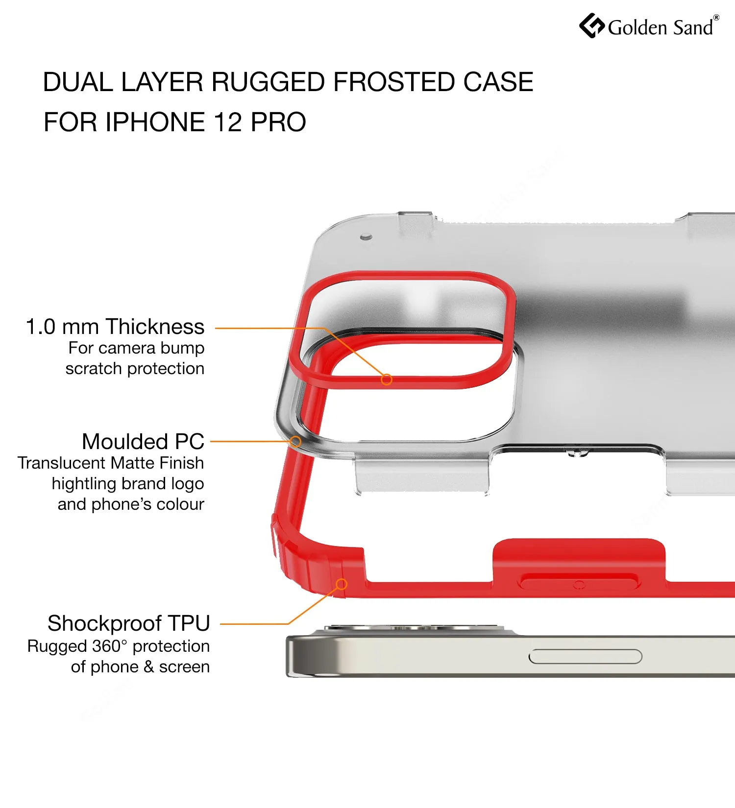 Rugged Frosted Series Semi Transparent PC Shock Proof Slim Back Cover for Apple iPhone 12 Pro, Red