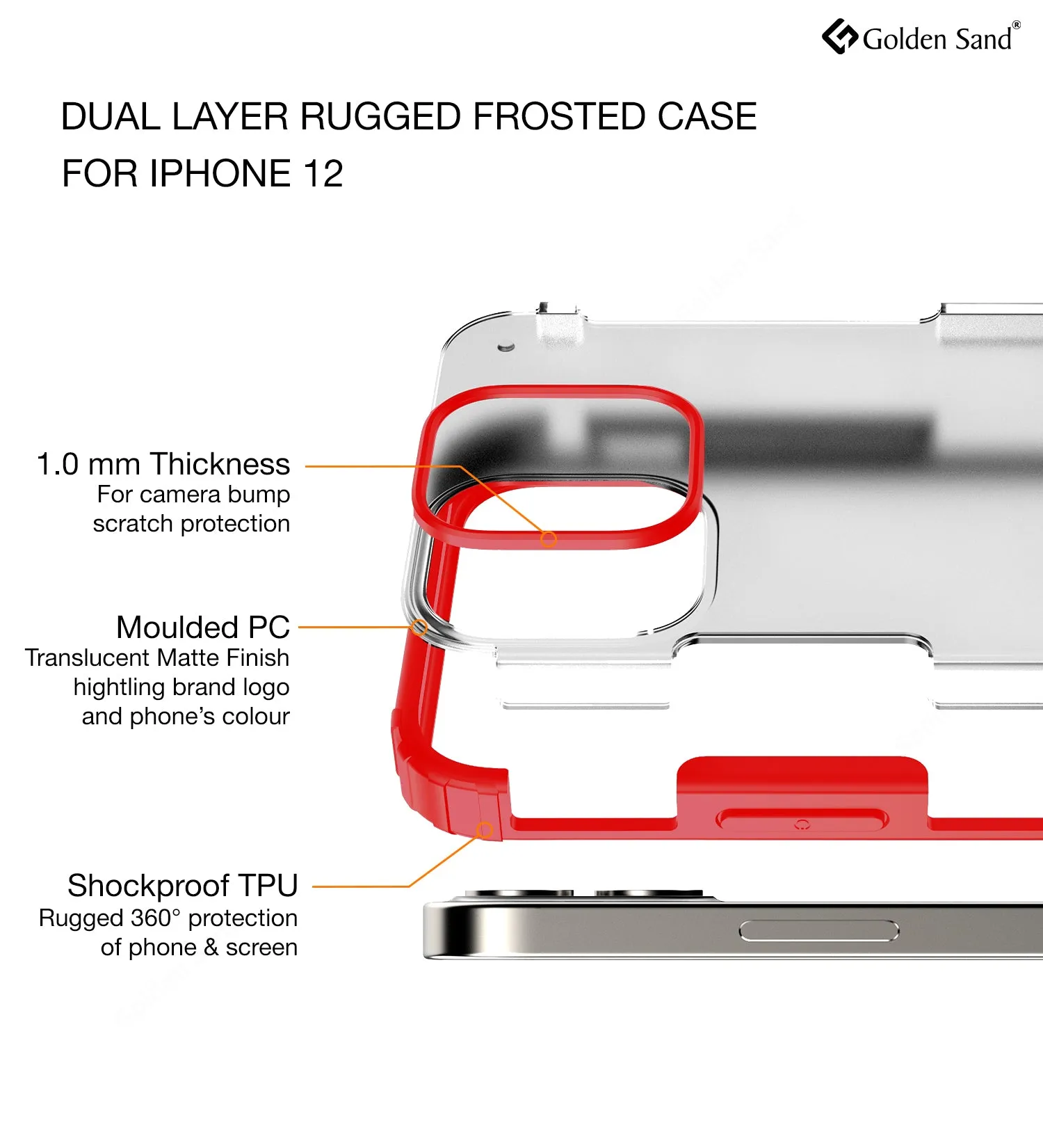 Rugged Frosted Series Semi Transparent PC Shock Proof Slim Back Cover for Apple iPhone 12, Red