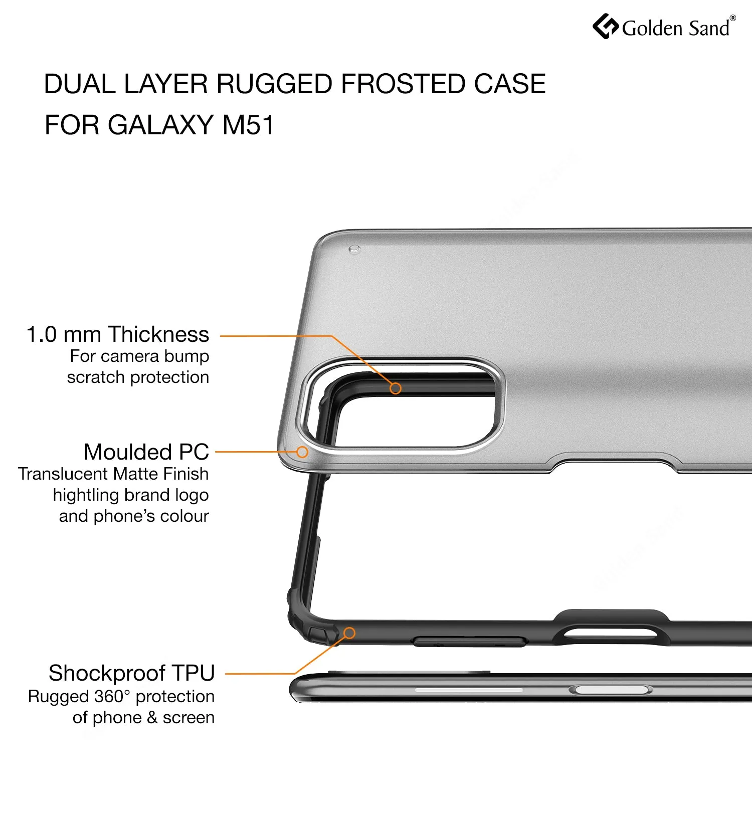 Rugged Frosted Series Semi Transparent PC Shock Proof Slim Back Cover for Samsung Galaxy M51, Black