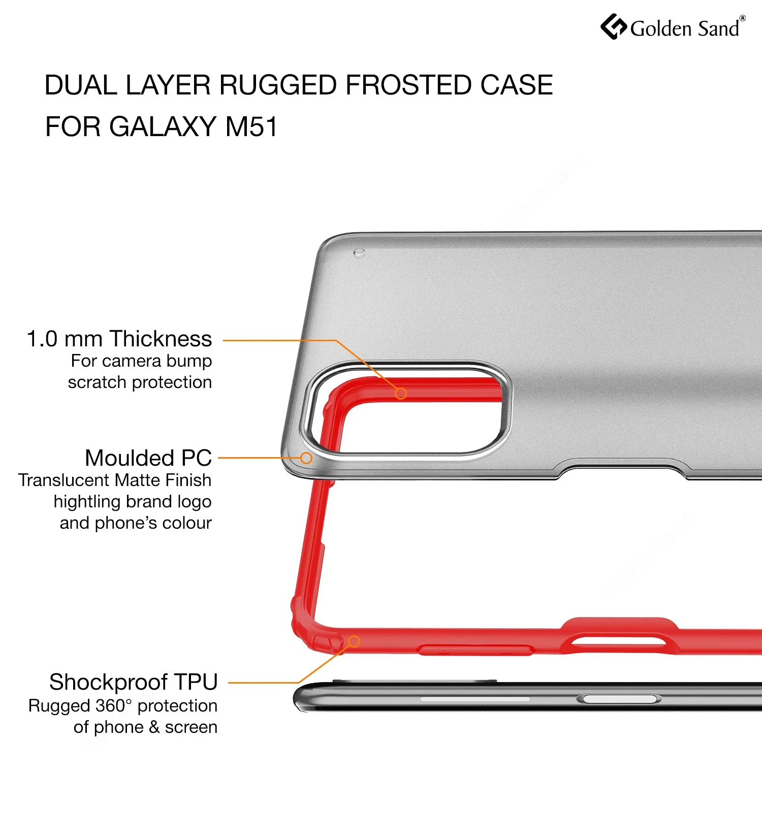 Rugged Frosted Series Semi Transparent PC Shock Proof Slim Back Cover for Samsung Galaxy M51, Red