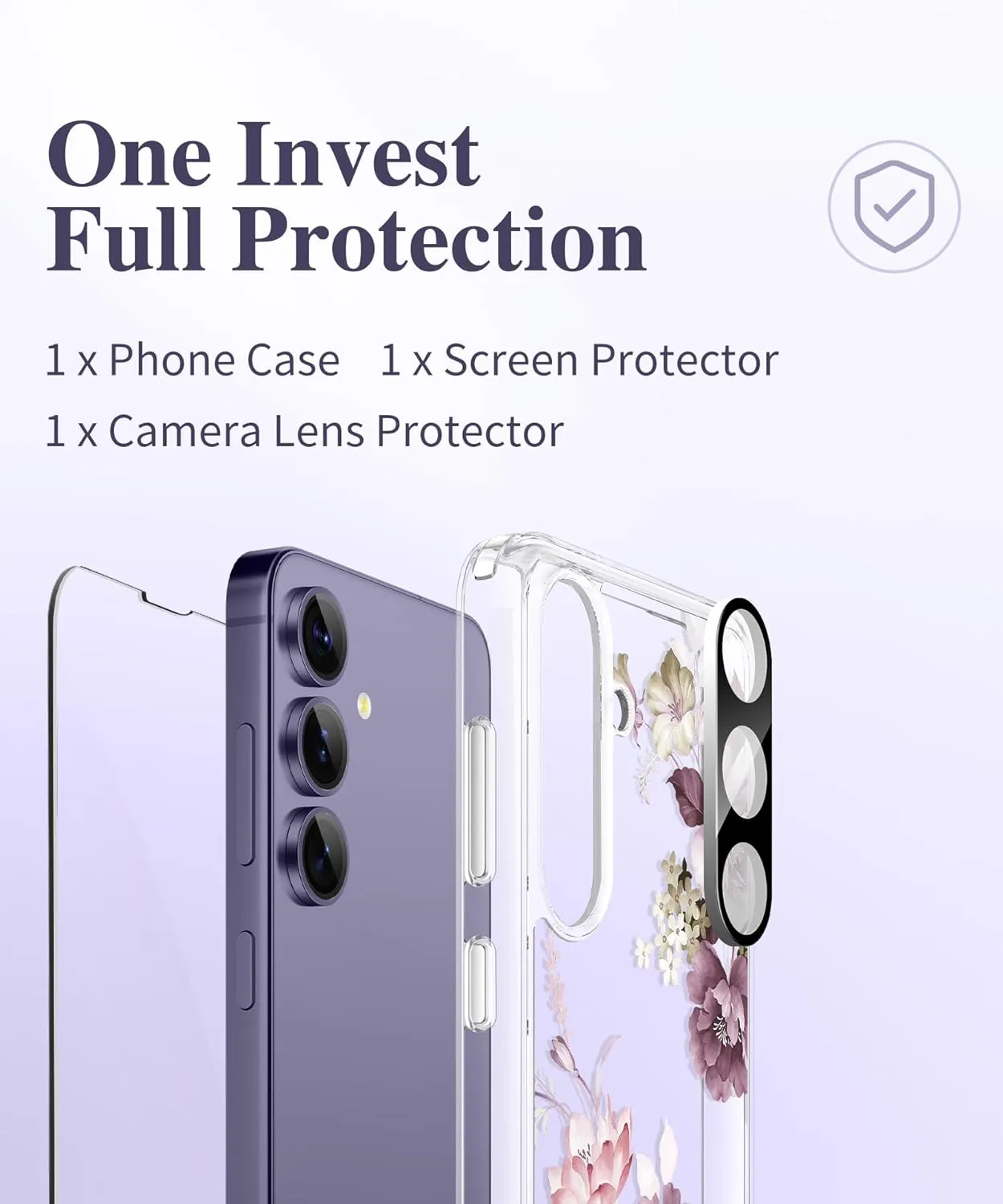 Samsung Galaxy S24 Case Floral Screen Protector & Camera Lens Protector Phone Cover