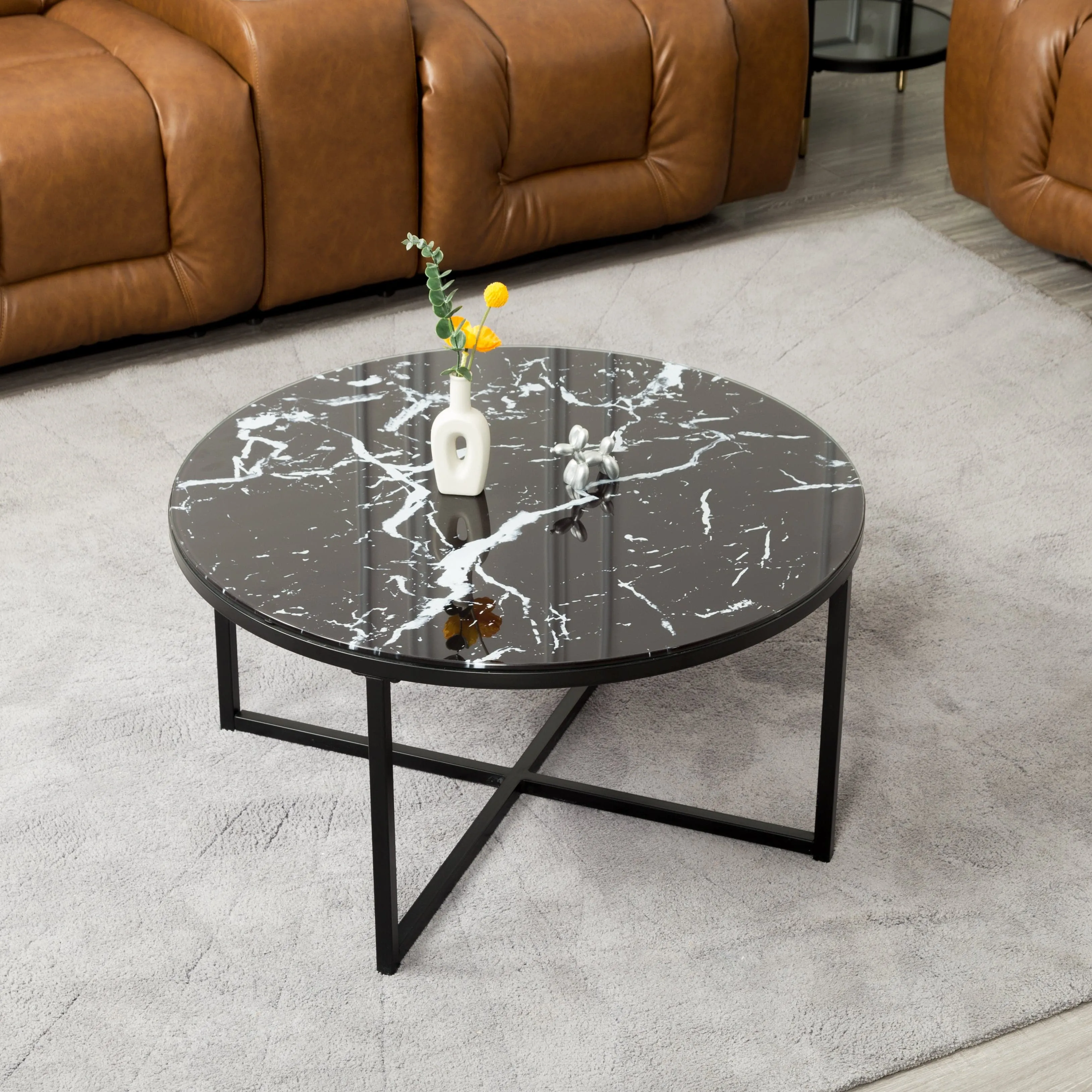 TFC&H Co. Black Marble Cross Legs Glass Coffee Table- Ships from The US