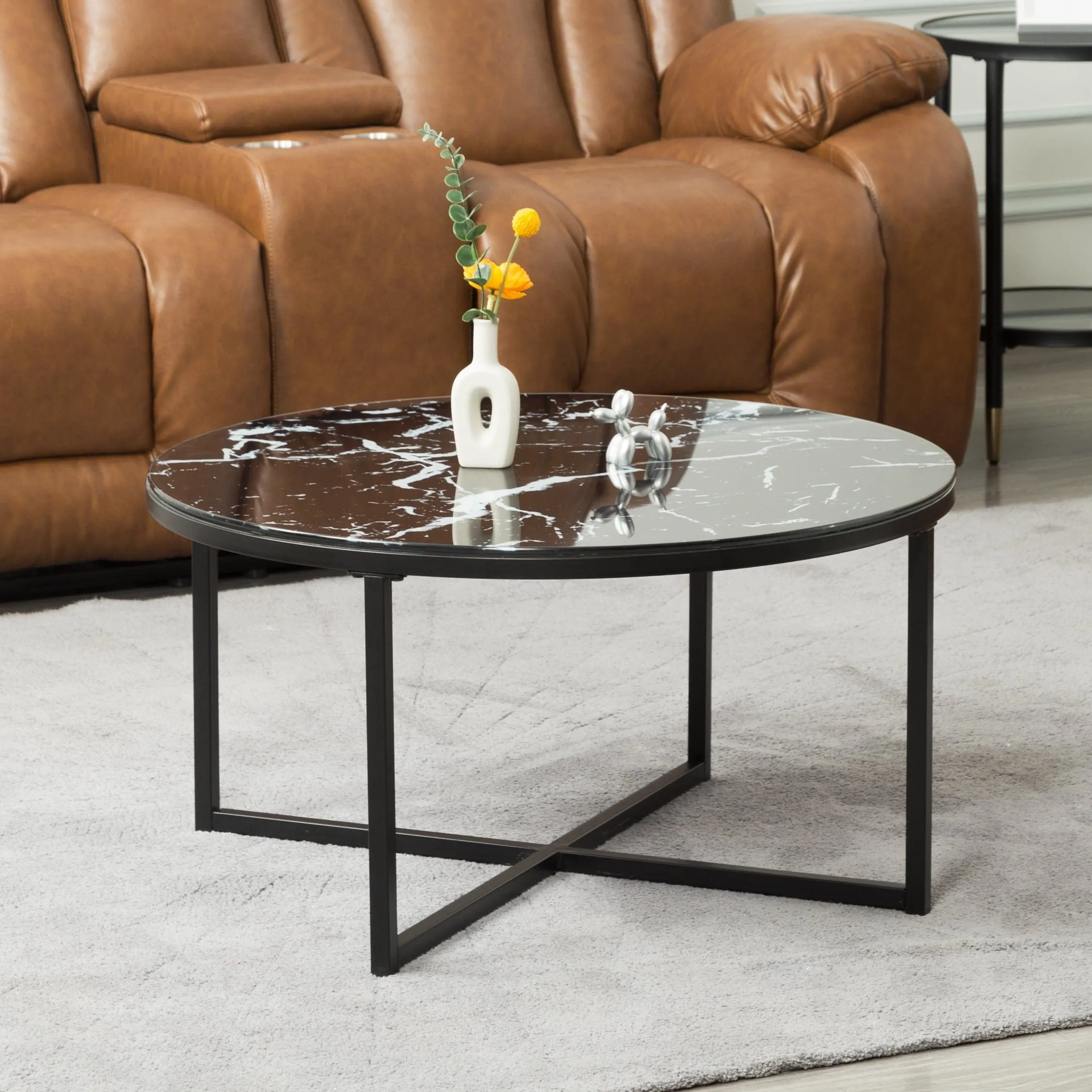 TFC&H Co. Black Marble Cross Legs Glass Coffee Table- Ships from The US