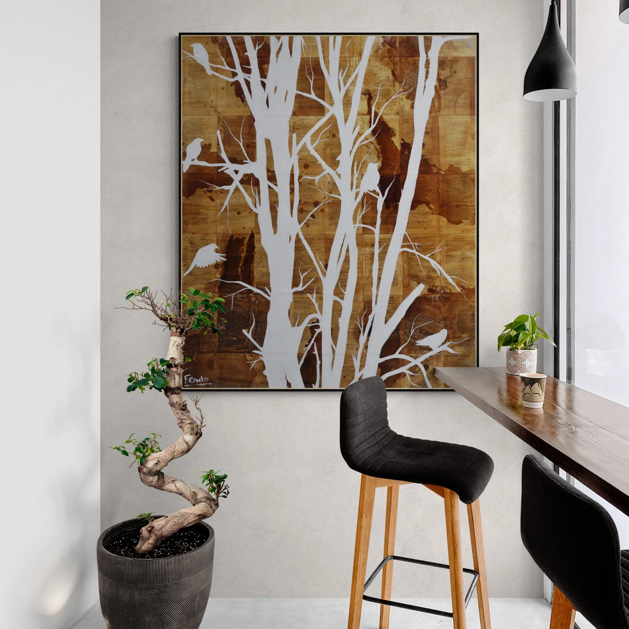 The Meeting Place 120cm x 100cm Bird Tree Vintage Book Painting (SOLD)