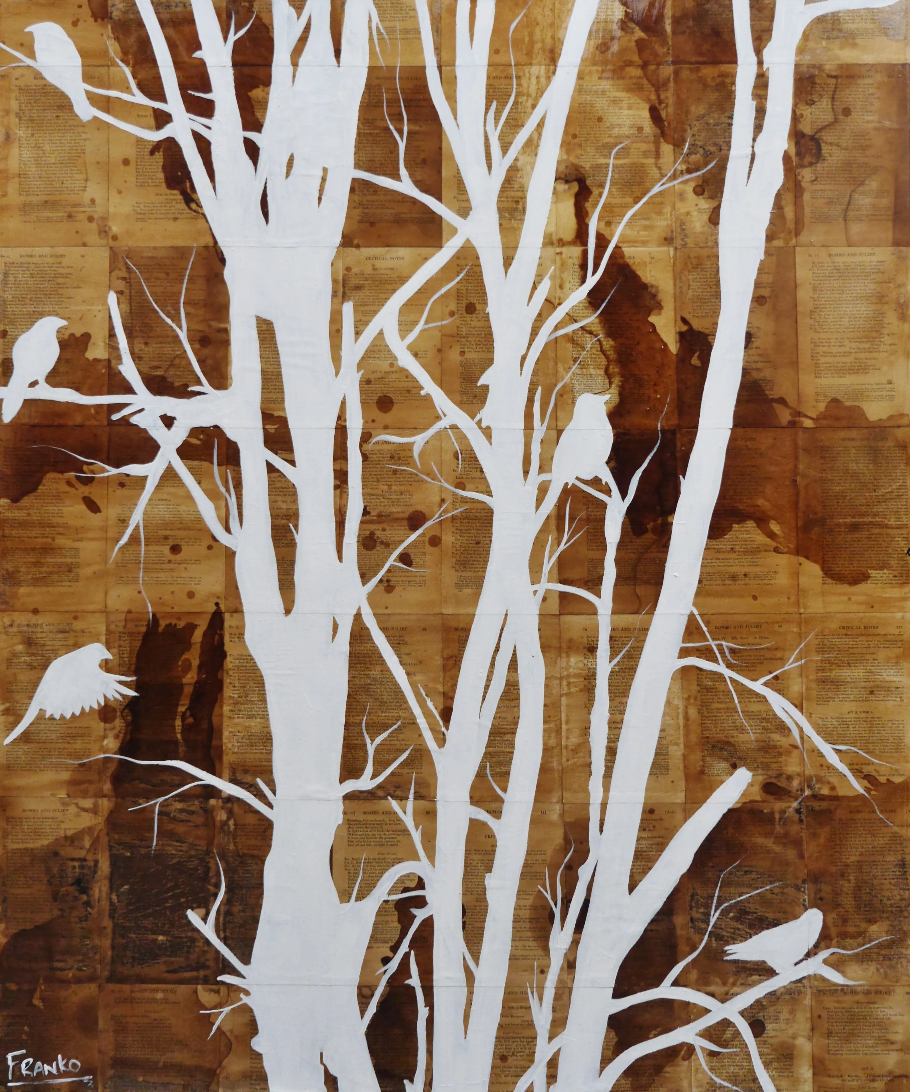 The Meeting Place 120cm x 100cm Bird Tree Vintage Book Painting (SOLD)