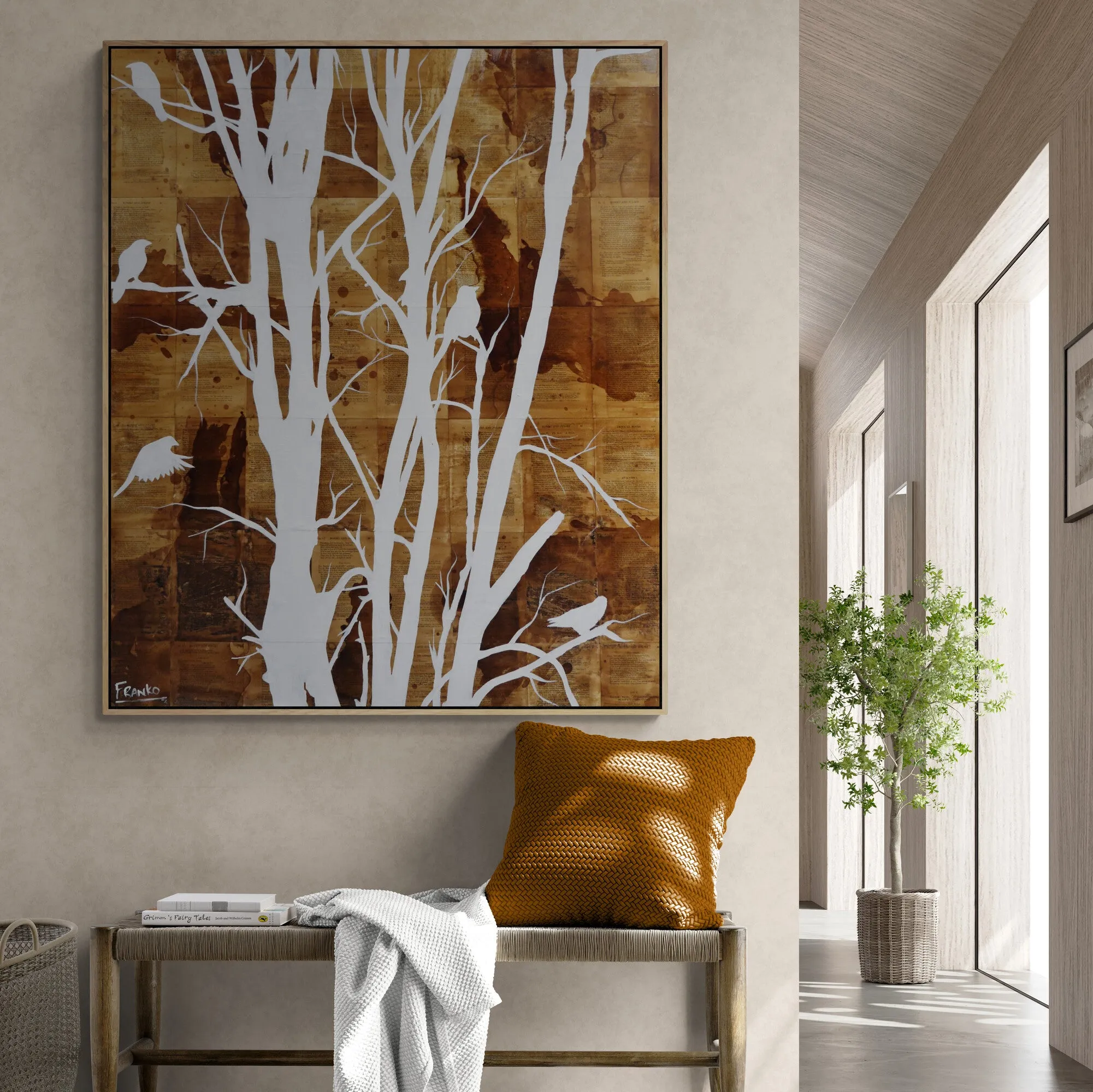 The Meeting Place 120cm x 100cm Bird Tree Vintage Book Painting (SOLD)