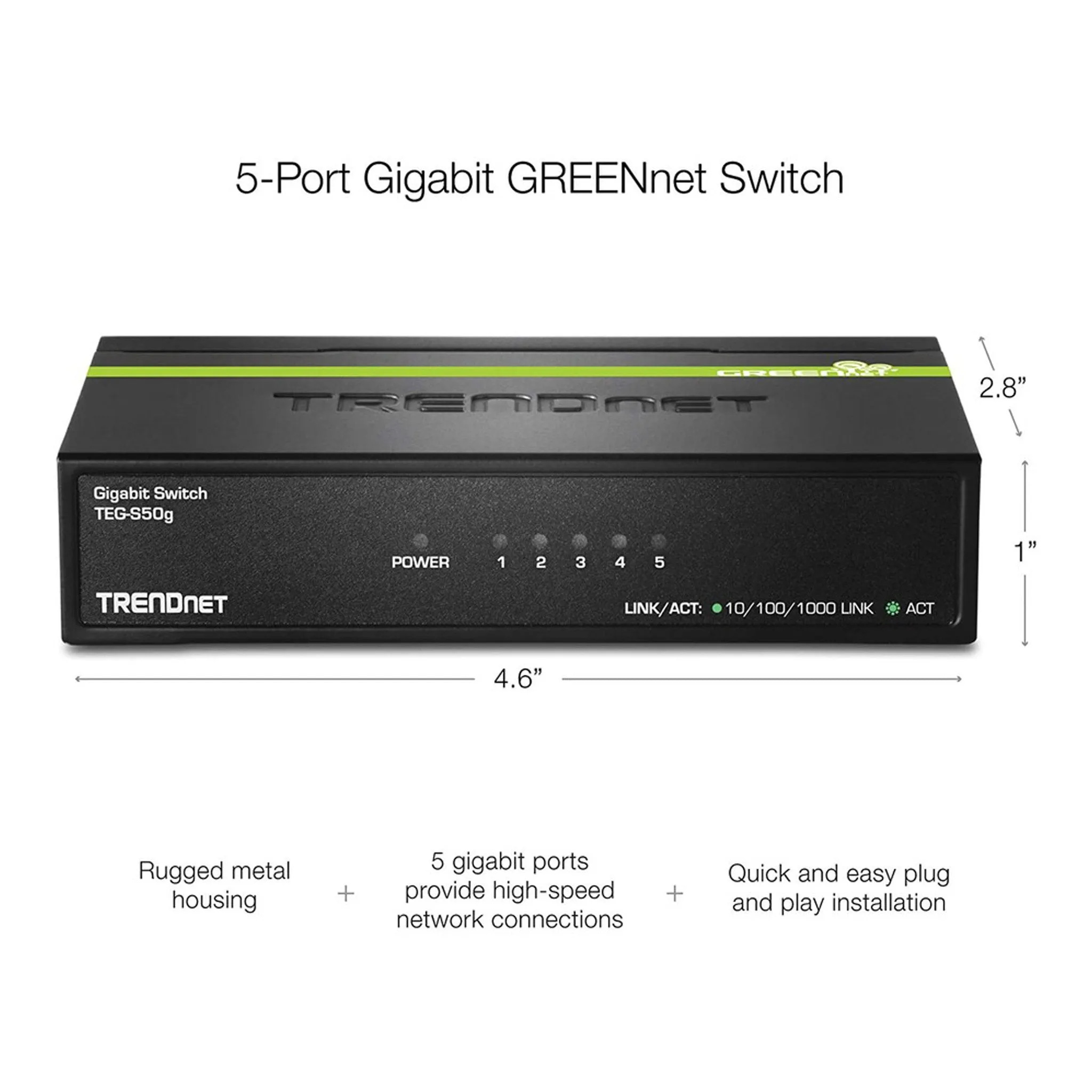 TRENDnet TEG-S50G 5-Port Gigabit GREENnet Switch with Black Rugged Metal Housing
