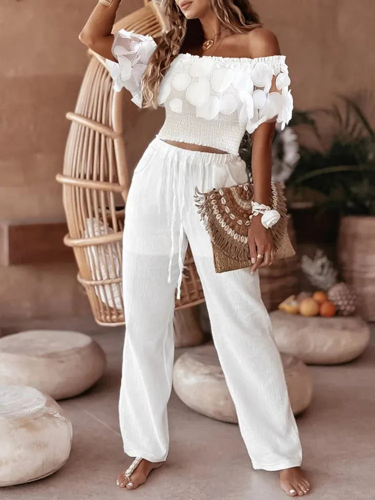 UAKISS  -  Elegant 2-piece Sets for Women Solid Ruffles Tank Sleeveless Camis Top & Straight Leg Pants Sets Women's Suit Clothing Promotion