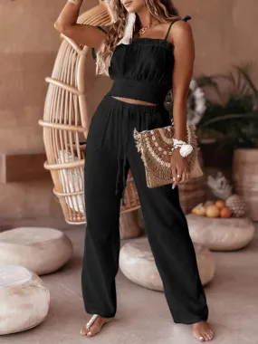 UAKISS  -  Elegant 2-piece Sets for Women Solid Ruffles Tank Sleeveless Camis Top & Straight Leg Pants Sets Women's Suit Clothing Promotion