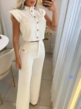UAKISS  -  Elegant Two Piece Set Women Outfit 2024 Summer Striped Frill Hem Top & Flap Detail Work Long Pants Sets Lady Office Clothes