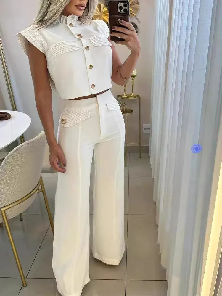 UAKISS  -  Elegant Two Piece Set Women Outfit 2024 Summer Striped Frill Hem Top & Flap Detail Work Long Pants Sets Lady Office Clothes
