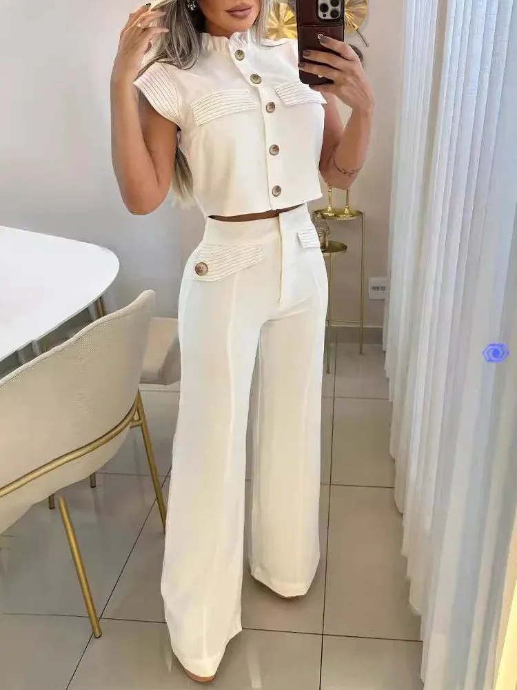 UAKISS  -  Elegant Two Piece Set Women Outfit 2024 Summer Striped Frill Hem Top & Flap Detail Work Long Pants Sets Lady Office Clothes
