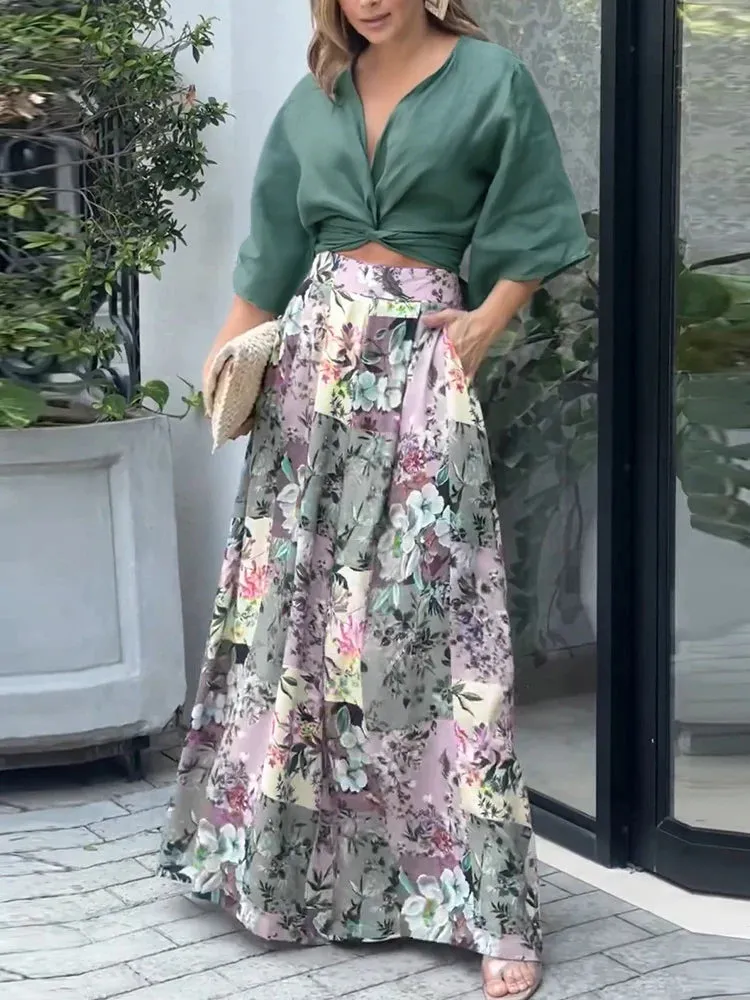 UAKISS  -  Fall Print Two Piece Set Women Outfit  Twisted Crop Top & Floral Print Wide Leg Pants Set Elegant Suits for Woman Clothing