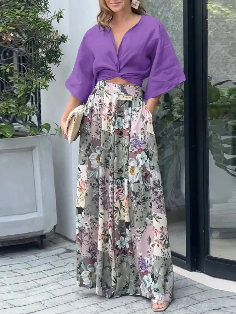 UAKISS  -  Fall Print Two Piece Set Women Outfit  Twisted Crop Top & Floral Print Wide Leg Pants Set Elegant Suits for Woman Clothing