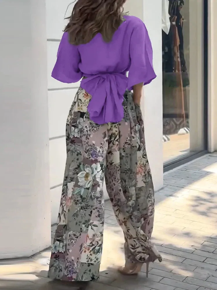 UAKISS  -  Fall Print Two Piece Set Women Outfit  Twisted Crop Top & Floral Print Wide Leg Pants Set Elegant Suits for Woman Clothing