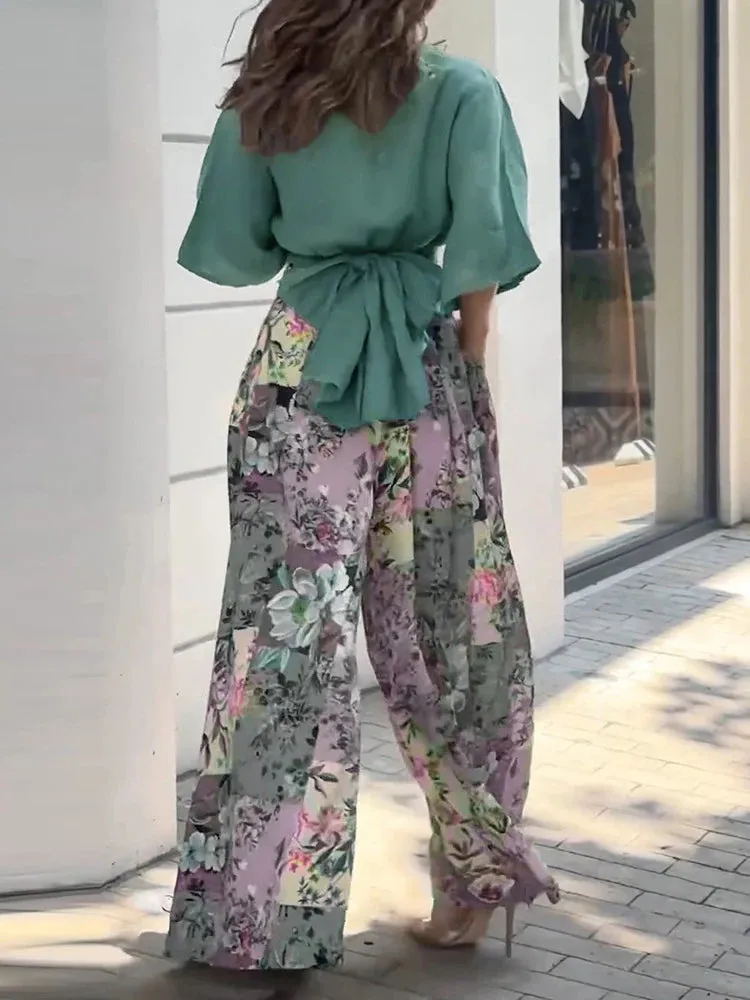 UAKISS  -  Fall Print Two Piece Set Women Outfit  Twisted Crop Top & Floral Print Wide Leg Pants Set Elegant Suits for Woman Clothing