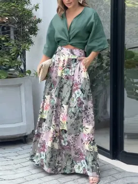 UAKISS  -  Fall Print Two Piece Set Women Outfit  Twisted Crop Top & Floral Print Wide Leg Pants Set Elegant Suits for Woman Clothing